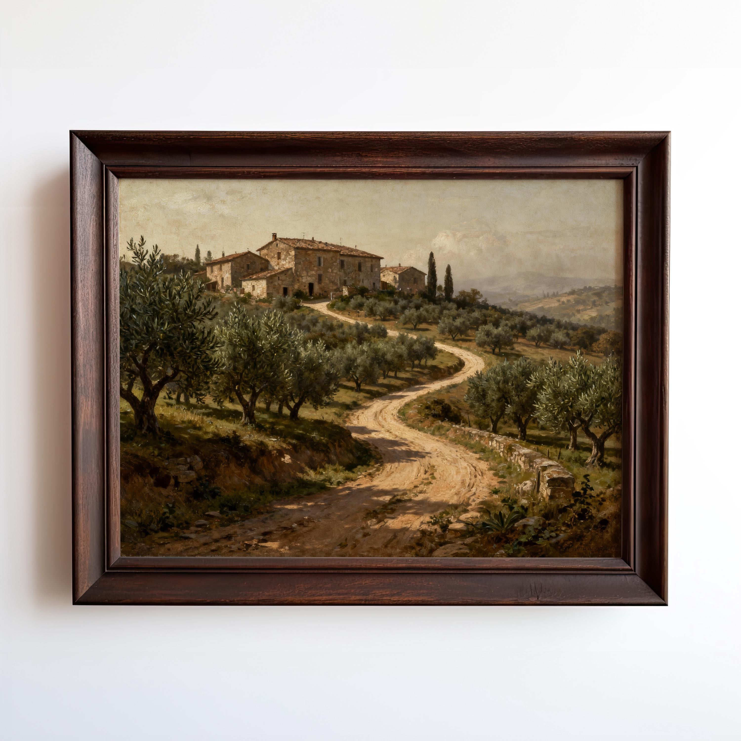 A framed painting of a winding dirt road leading to a rustic farmhouse, surrounded by olive trees and rolling hills under a partly cloudy sky.
