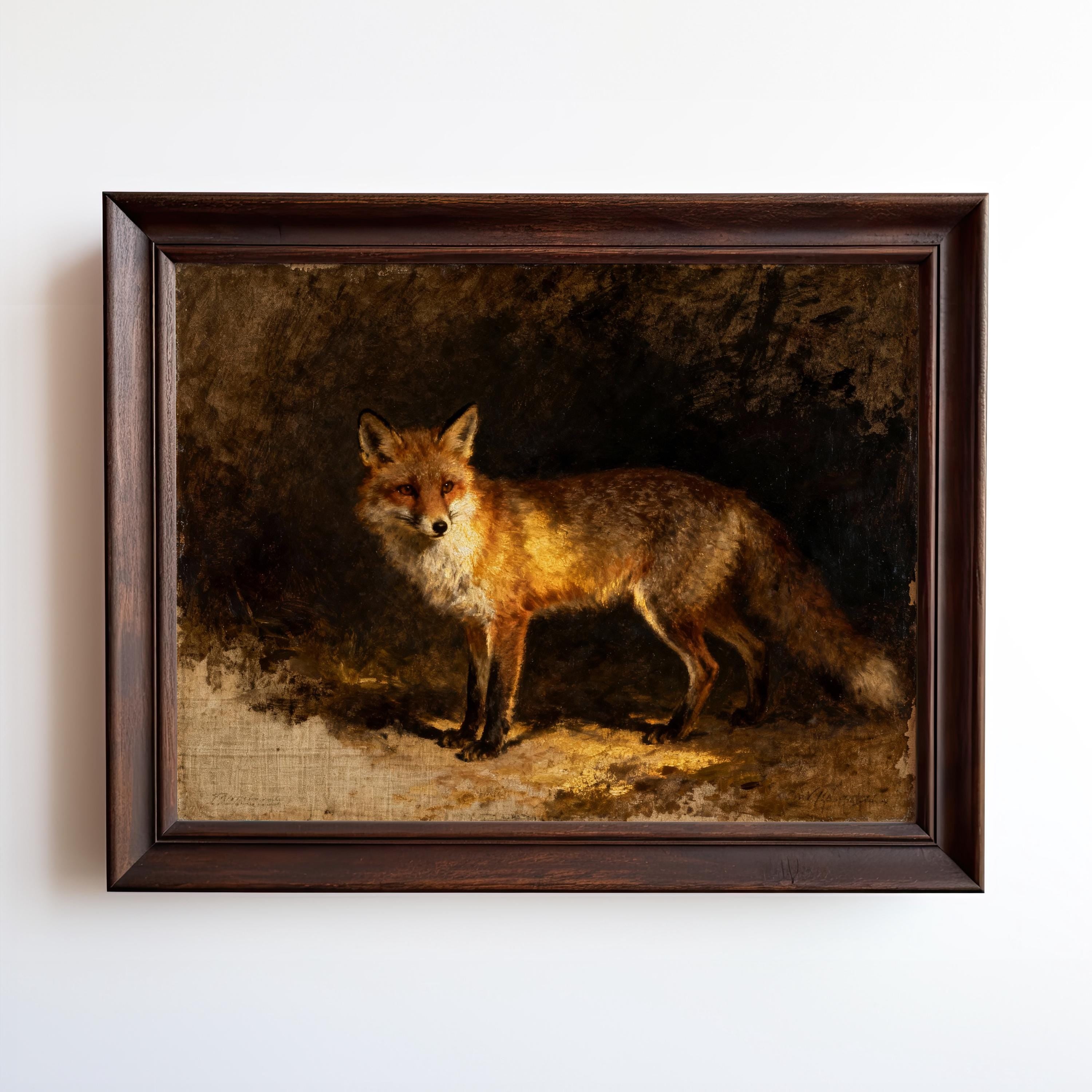 A framed painting of a red fox standing on the ground, facing forward, with a dark, textured background hanging on a plain white wall.