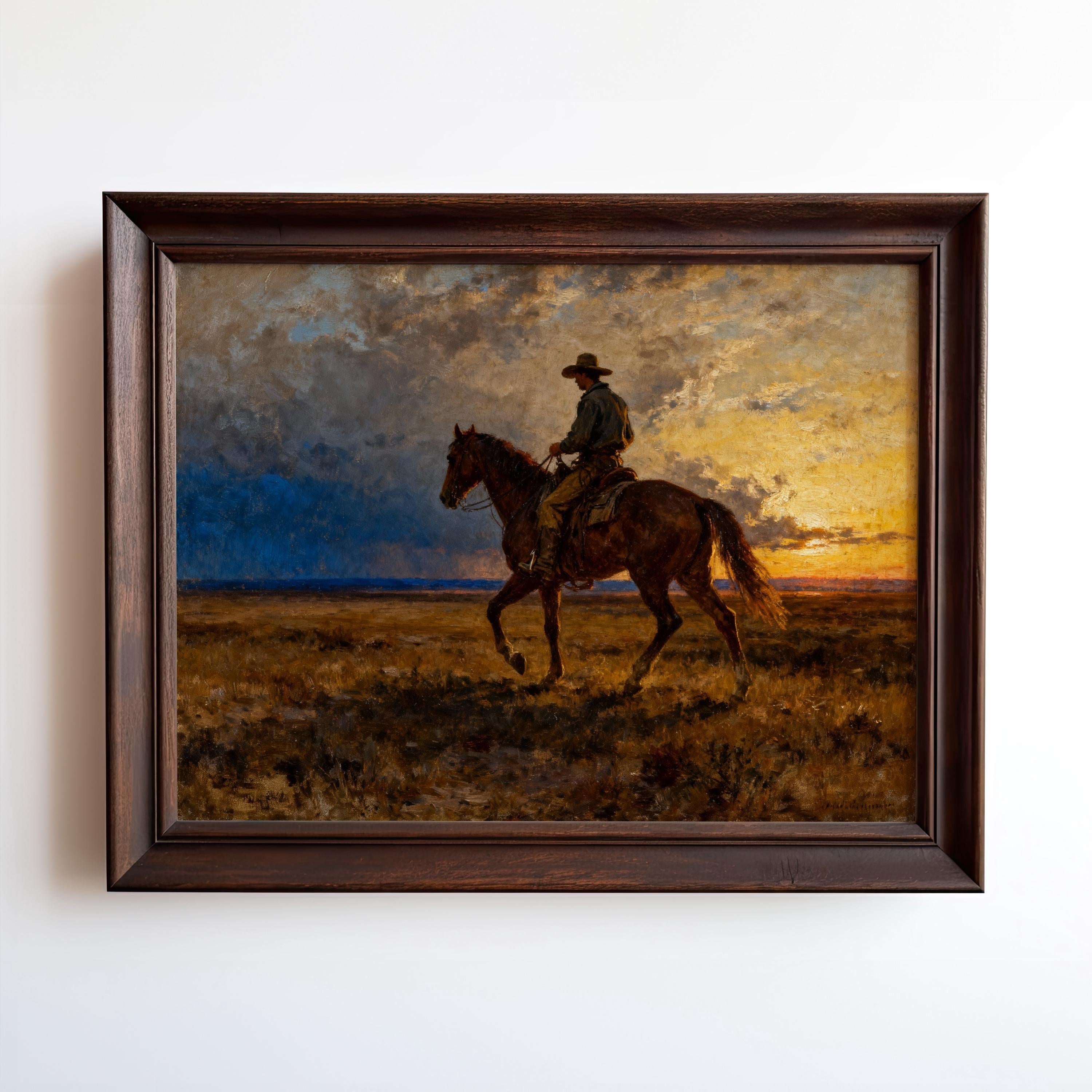 A framed painting of a cowboy riding a horse across a grassy plain at sunset, with dramatic clouds and warm golden light in the sky behind them.