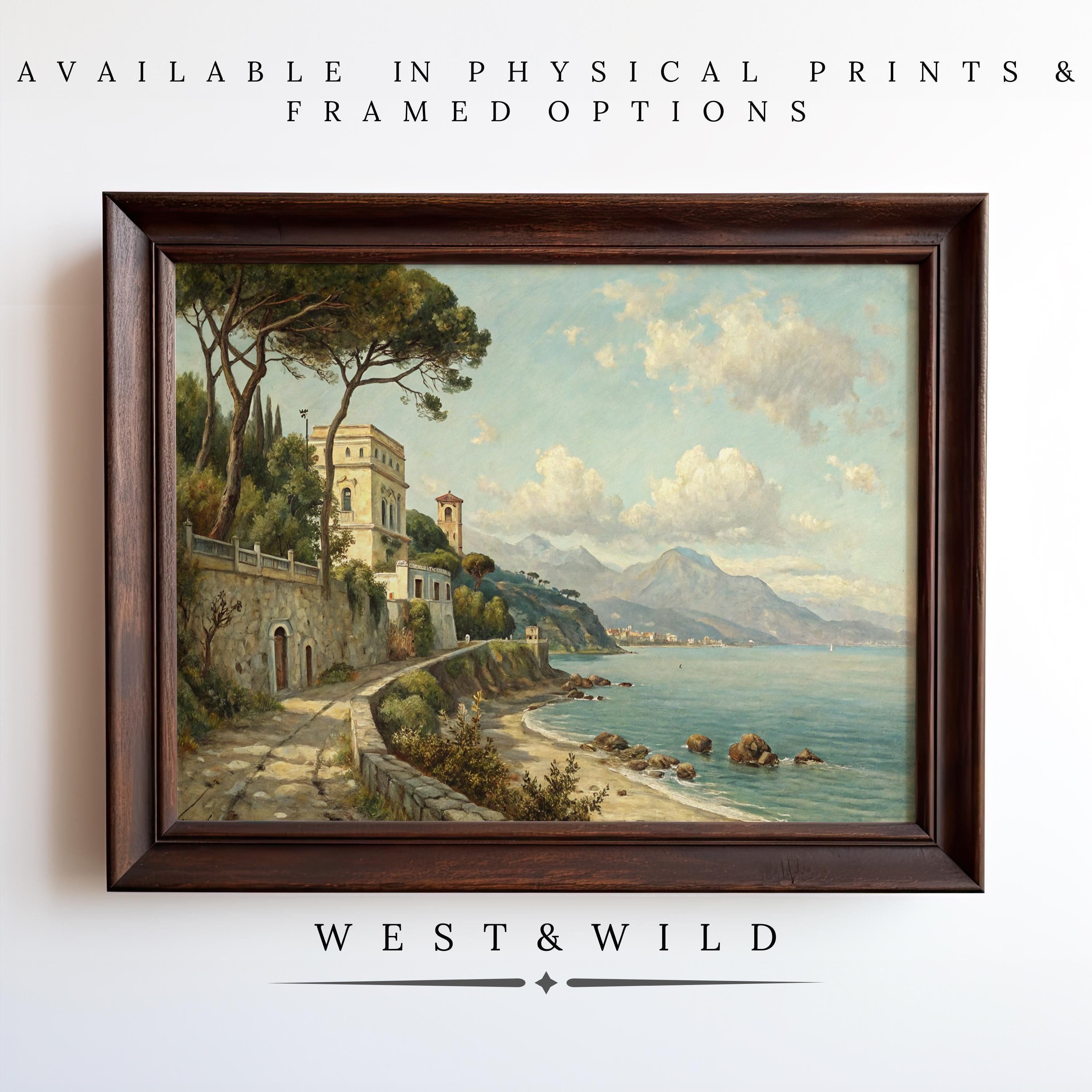 Italian Coast Oil Painting: Vintage seaside print featuring a villa, pathway, trees, and mountains by the sea. From the West & Wild Art Archive. Available as archival quality prints or framed art. "West & Wild" featured below.