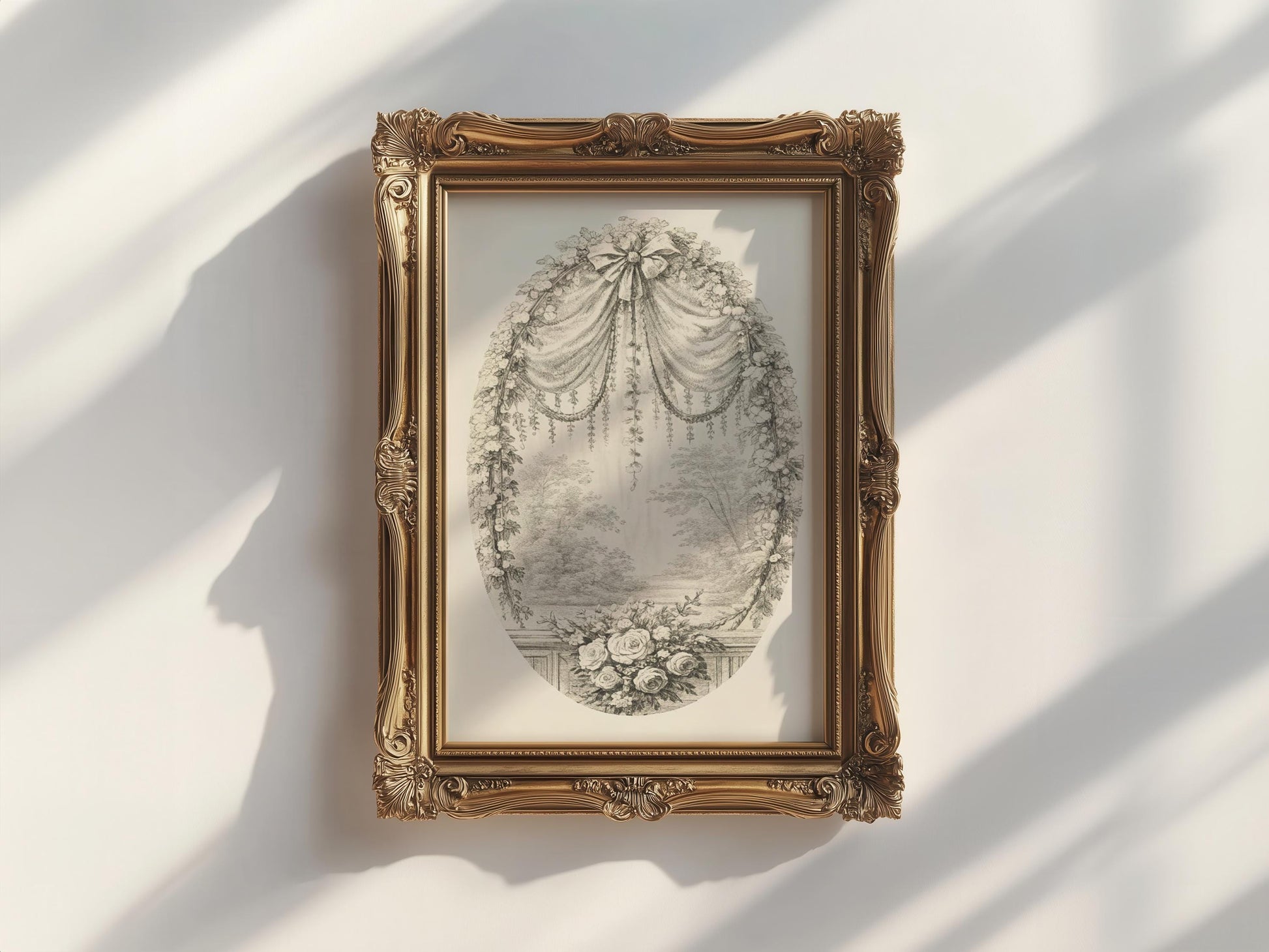 a framed artwork hanging on a white wall, depicting a landscape scene with a tree and flowers.