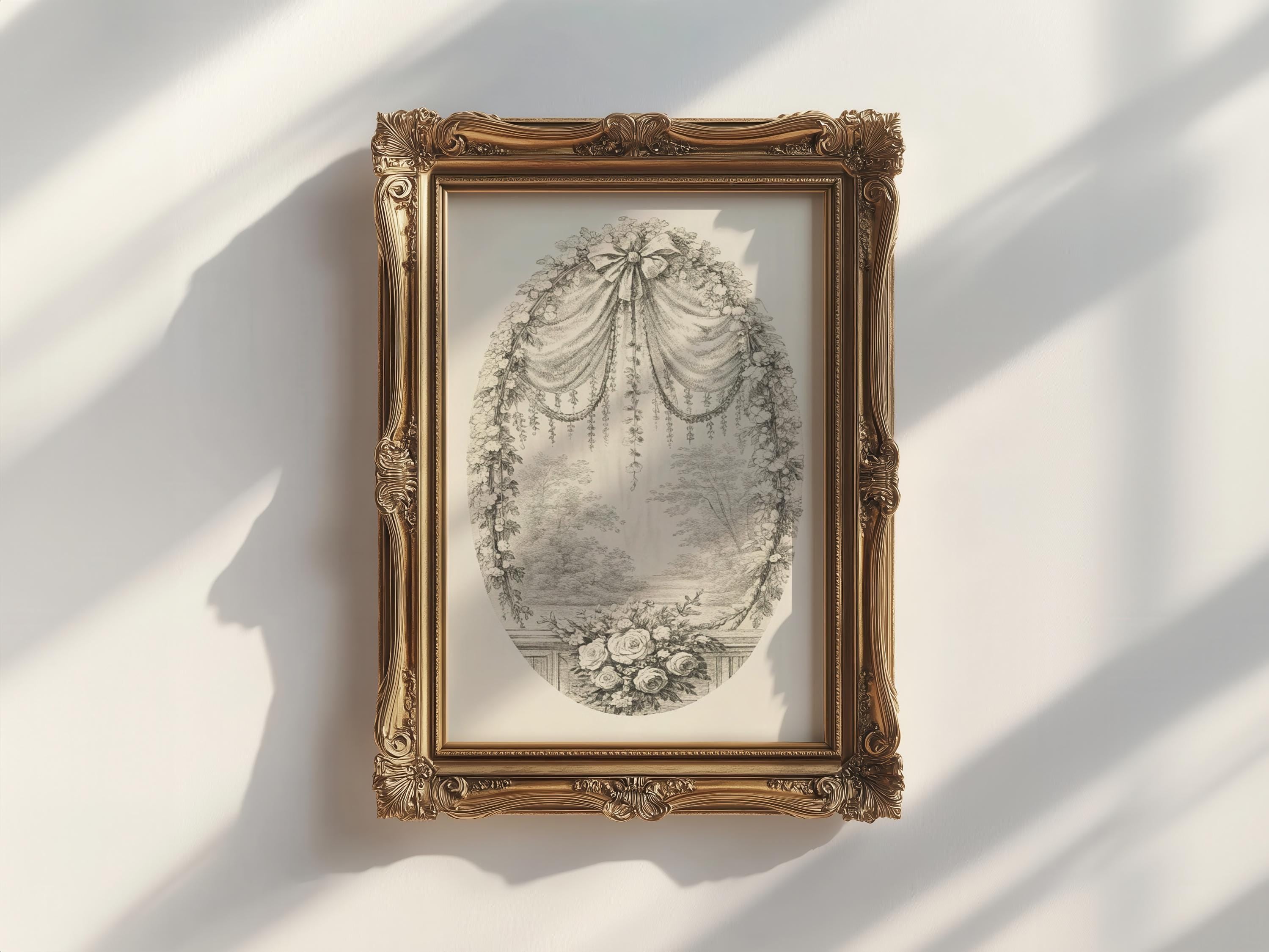 a framed artwork hanging on a white wall, depicting a landscape scene with a tree and flowers.