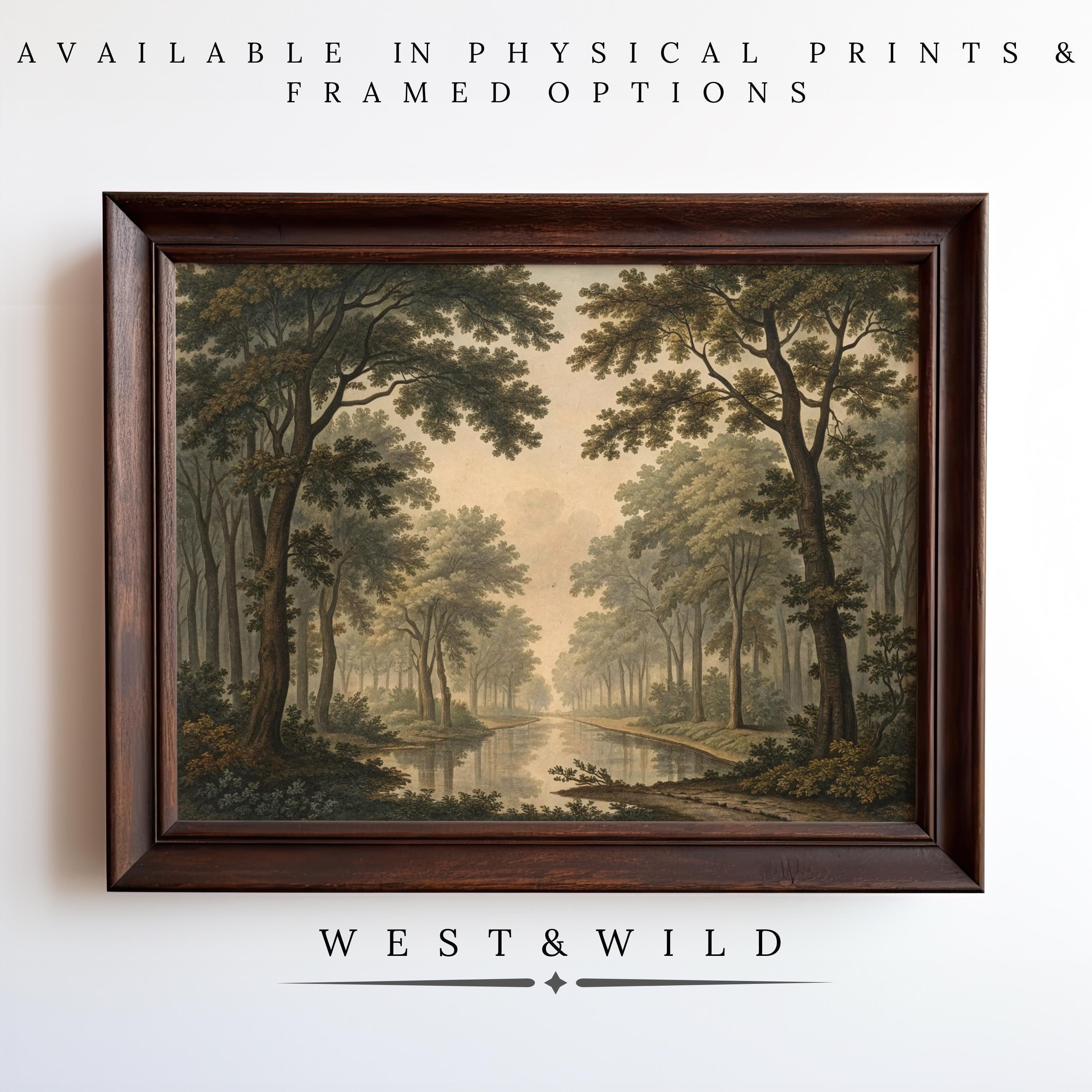 A Vintage Landscape Print featuring a serene forest with tall trees and a river, displayed in a wood frame. Text reads: "Available in Prints & Framed Art – Vintage Landscape Prints for Rustic Home Decor.