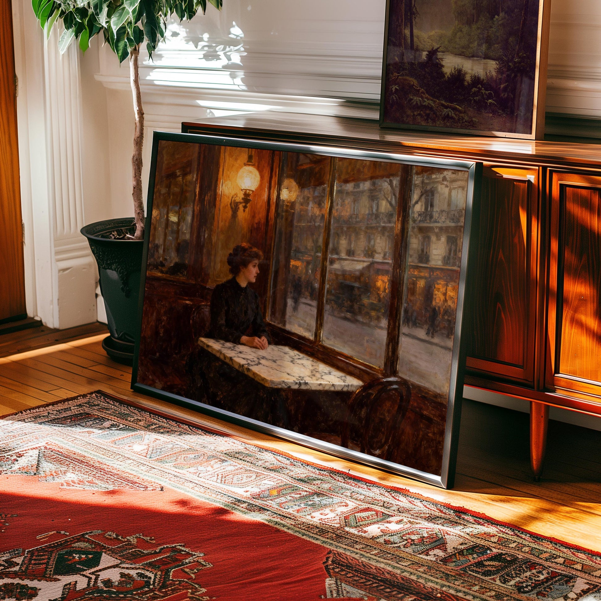 a large painting of a woman sitting at a table in a cafe, with a window and a potted plant in the background.