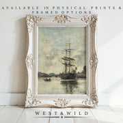 A vintage-style ornate frame showcases a tall ship at sea with nearby boats. Maritime Wall Art: Vintage Sea Art & Classic Ship Paintings—19th Century Nautical Artwork. Available as archival art prints and framed options from West & Wild Art Archive.