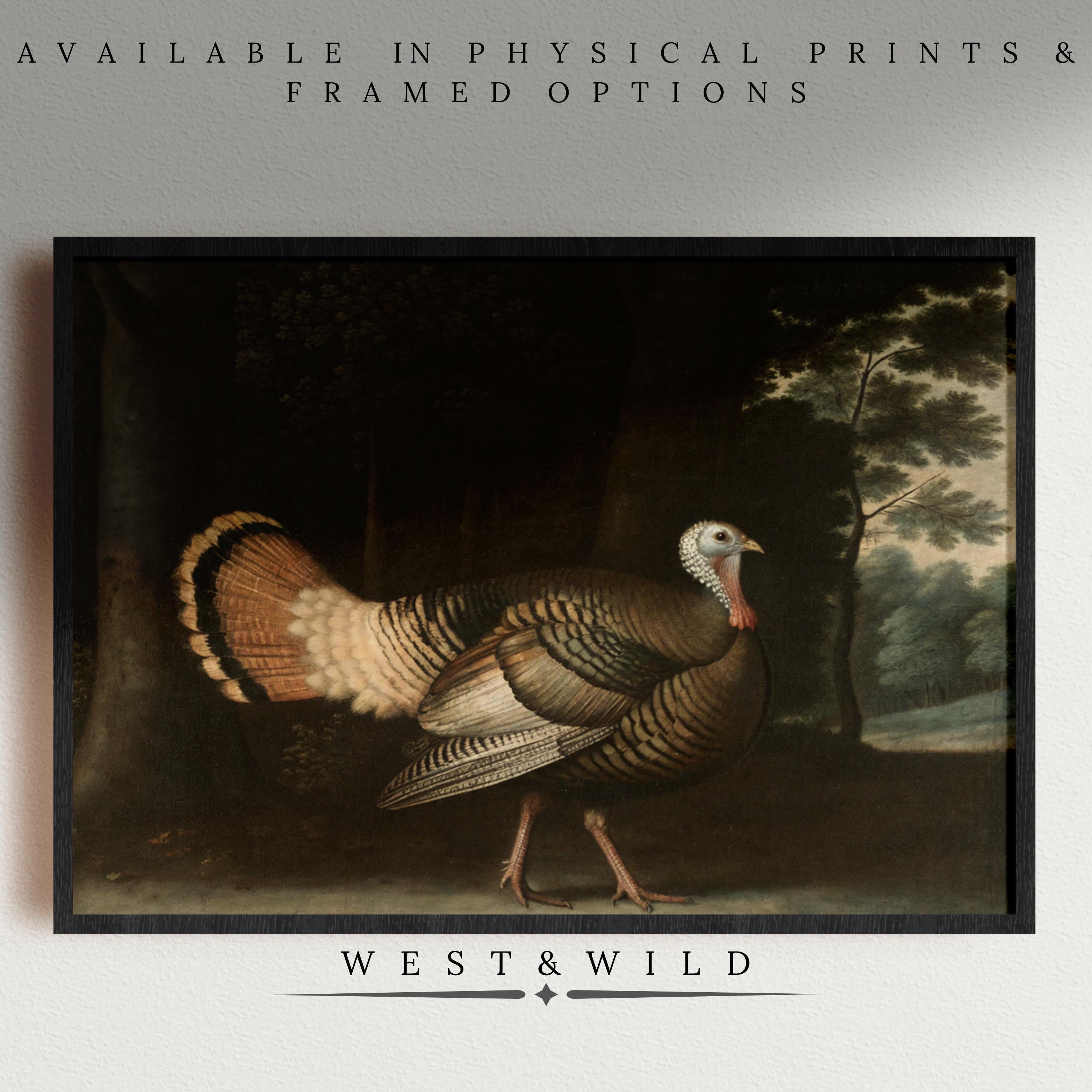 A framed "Wild Turkey Art – Rustic Wall Decor" print, featuring an American game bird painting, is displayed on a wall; above it, text reads Available in prints & framed options, and below, West & Wild Art Archive.