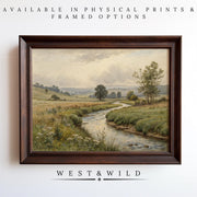 Bring the beauty of nature home with the Wildflower Wall Art – Prairie Meadow Painting. This botanical wall decor features a serene river, grassy fields, wildflowers, and distant hills. Available as prints or framed. Text: West & Wild.