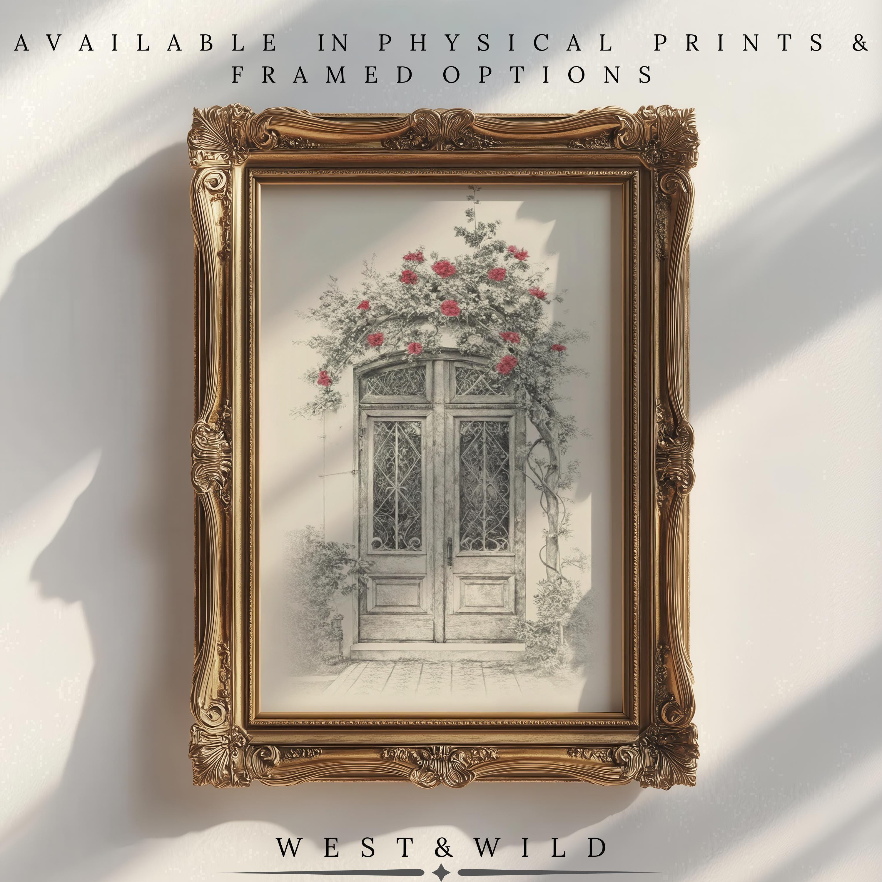 French Door Wall Art – Romantic Floral Print With Red Rose Artwork | Framed Floral Art - Vintage Art Prints & Framed Art