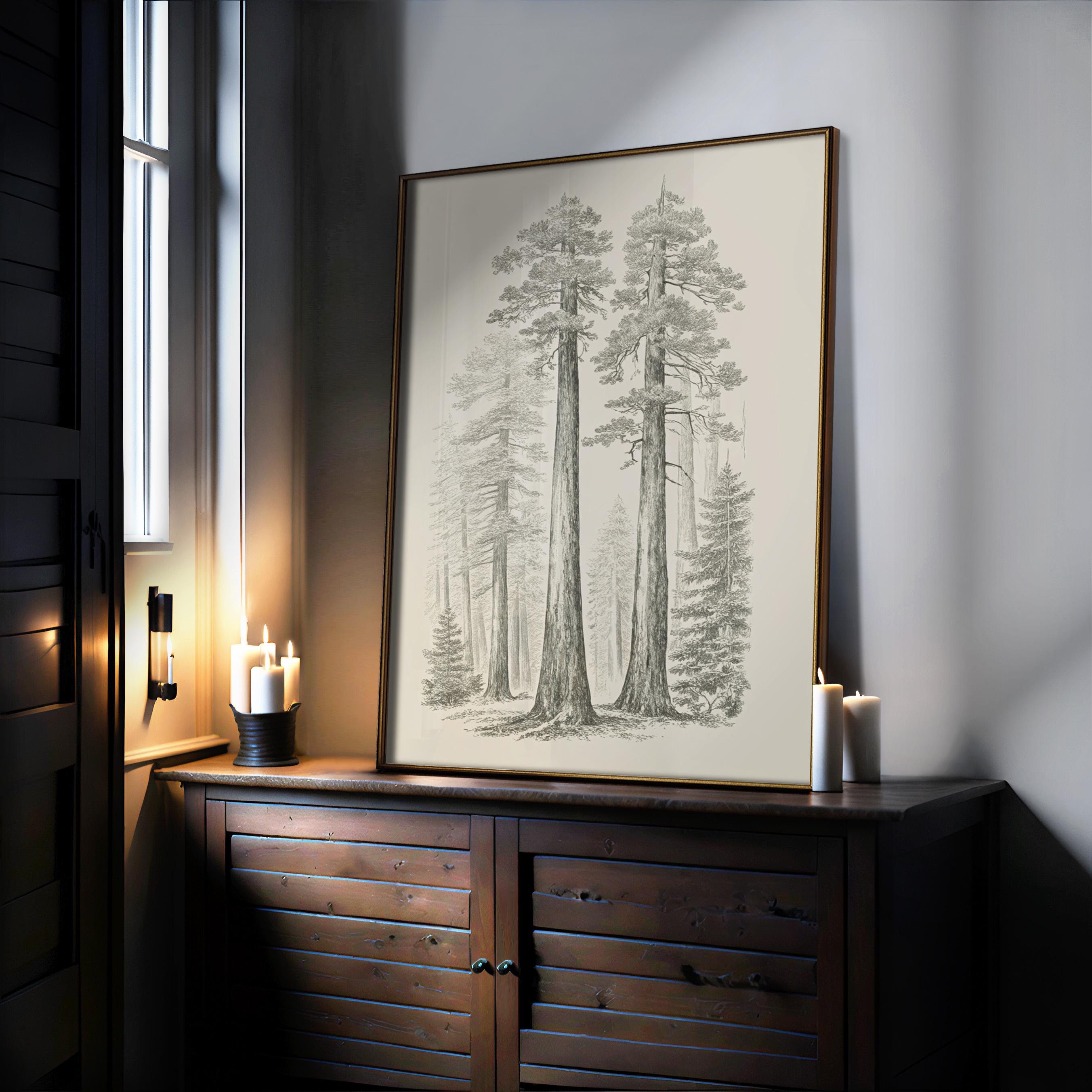 a large framed drawing of a forest scene with tall trees, placed on a wooden cabinet or dresser in a dimly lit room.