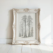 A white ornate picture frame with a black and white illustration of a forest scene inside it, placed on a white wooden floor against a white wall.