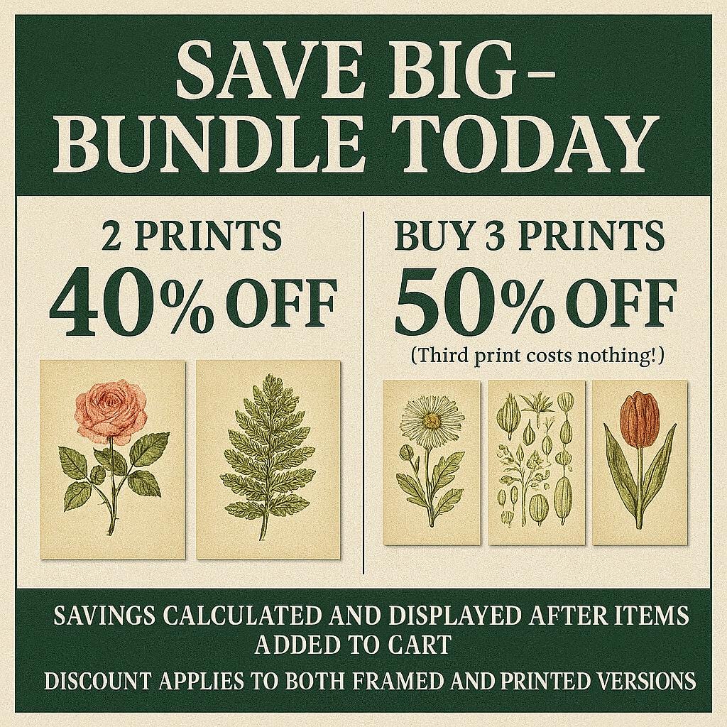 Promotional graphic for Vintage Rose Bouquet Floral Wall Decor sale. Save Big—Bundle Today: Buy 2 prints at 40% off, or get 3 prints at 50% off (third print free). Features botanical flower images and exclusive savings details.
