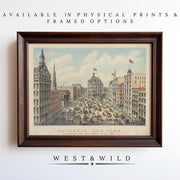 The "Broadway New York Painting – Vintage New York Art | Currier and Ives Prints" is a vintage art print of historic NYC with horse-drawn carriages, available as archival-quality framed art from West & Wild Art Archive.
