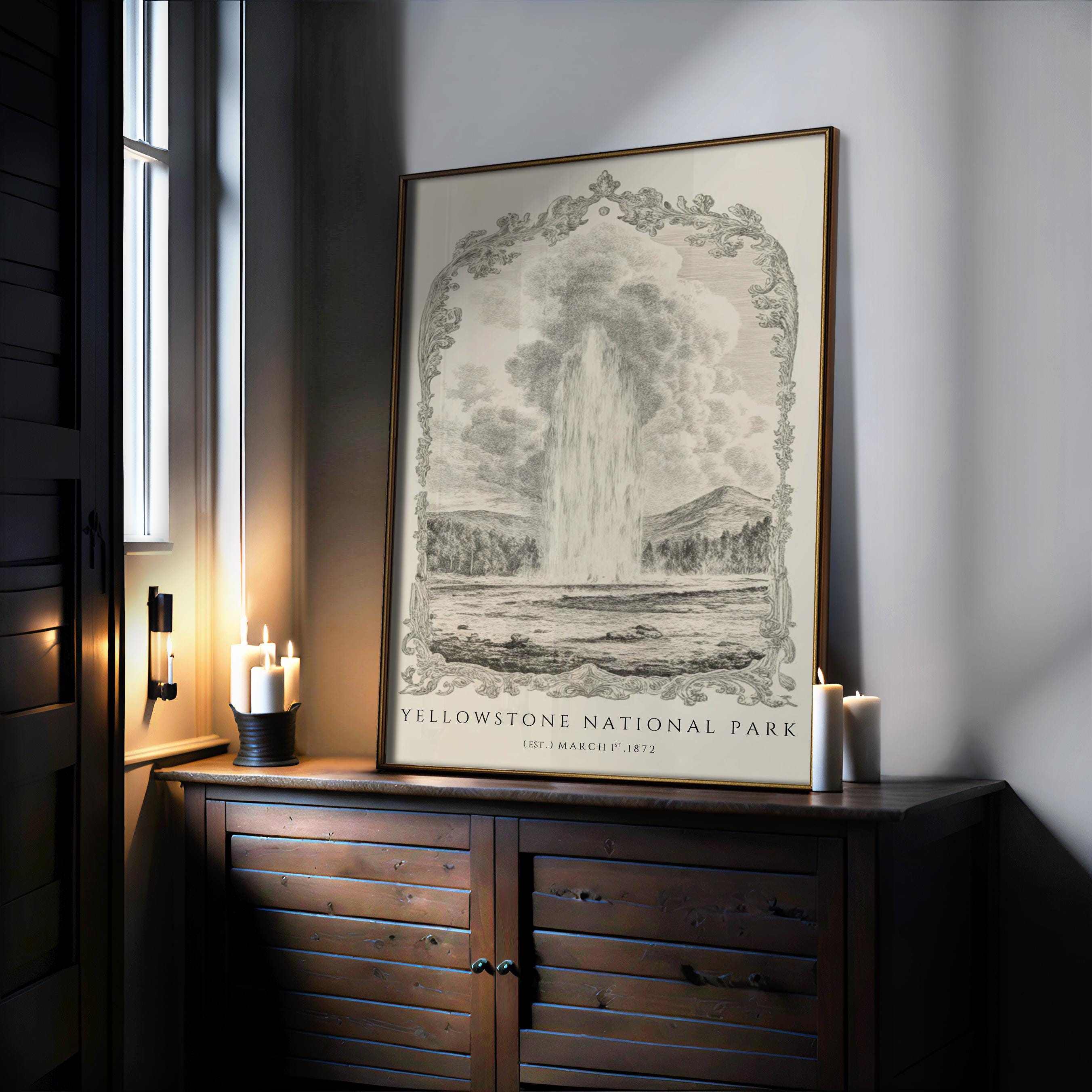 Vintage Yellowstone travel poster of Old Faithful geyser with botanical borders in retro style