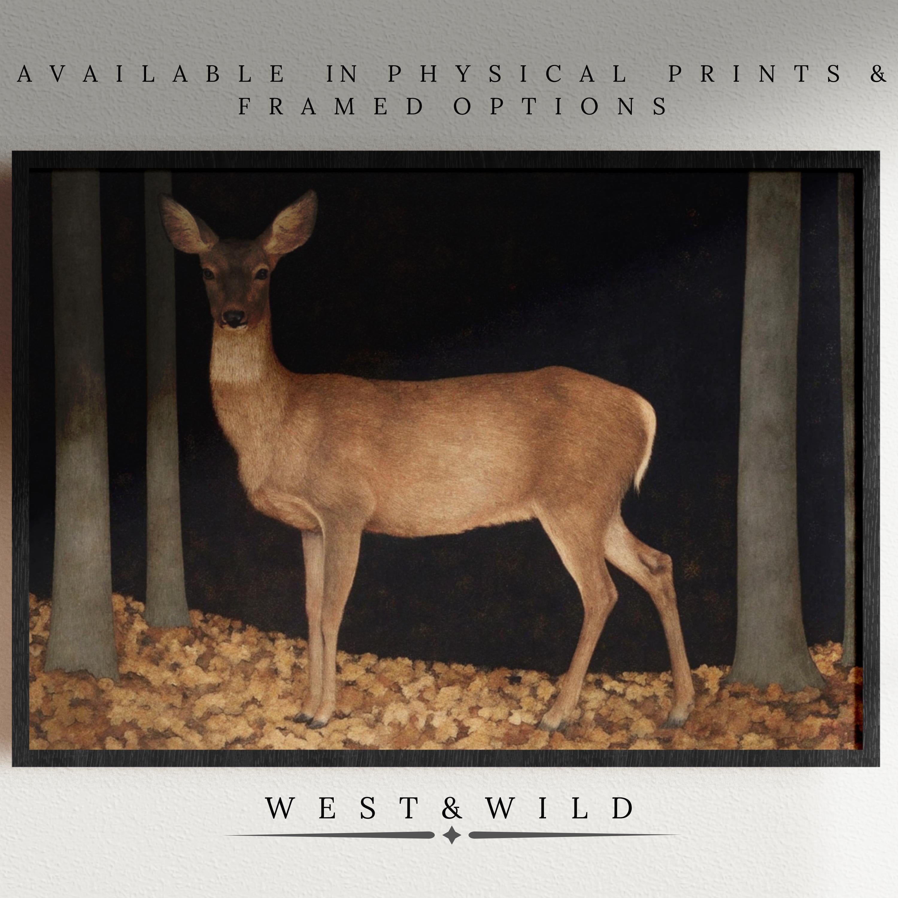The Deer Art Print – Vintage Deer Wall Art With Framed Cottage Core Decor features a deer among trees. Available as framed or physical prints from West & Wild Art Archive. Archival quality ensures enduring beauty.