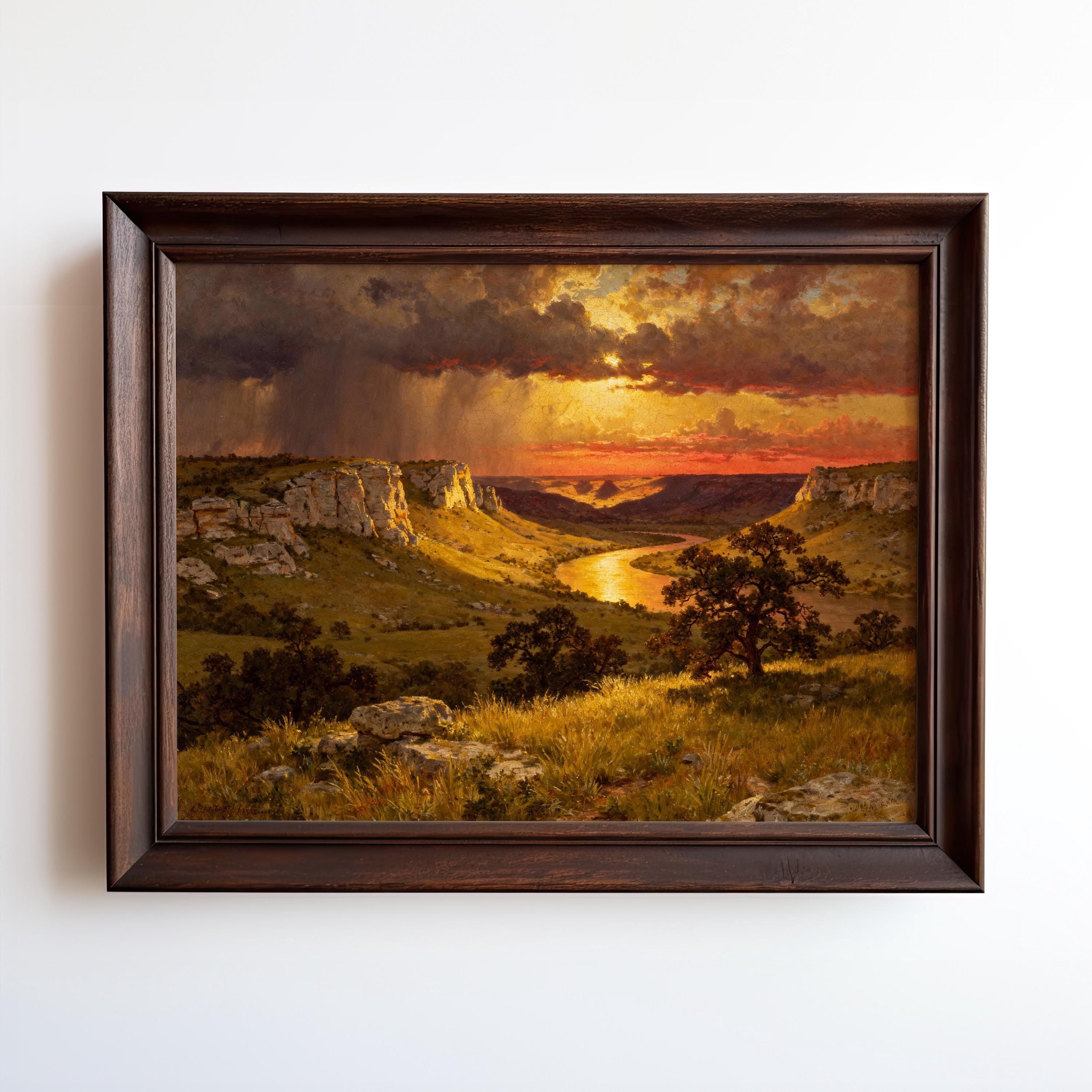 The image is a framed painting depicting a scenic landscape with a dramatic sky, mountains, and a valley.