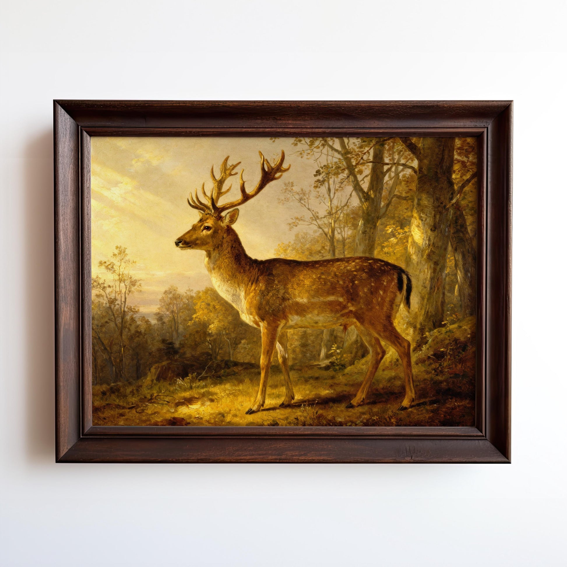 A painting of a deer standing in a forest, with a warm, golden glow from the setting sun.