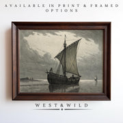 Nautical Wall Art – Vintage Seaside Print with Framed Maritime Ship Illustration features a black and white sailboat scene from the West & Wild Art Archive. Archival quality, offered as print or framed art. Text below: West & Wild.