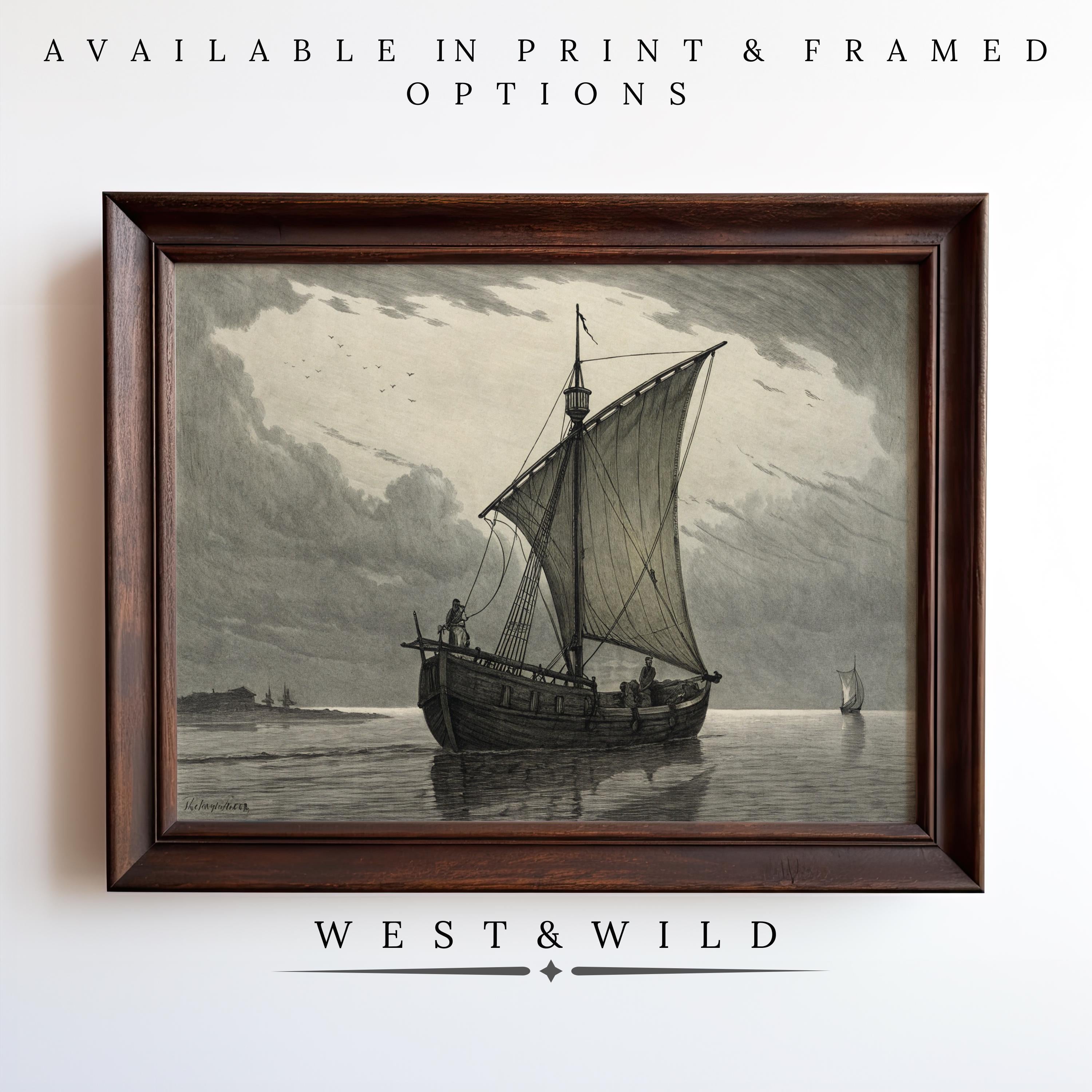 Nautical Wall Art – Vintage Seaside Print with Framed Maritime Ship Illustration features a black and white sailboat scene from the West & Wild Art Archive. Archival quality, offered as print or framed art. Text below: West & Wild.