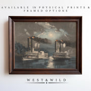 The "Mississippi River Steamship Painting – Vintage Lithograph Art" is a framed archival-quality Currier and Ives print depicting two paddle steamers beneath a cloudy night sky, available exclusively from the West & Wild Art Archive collection.