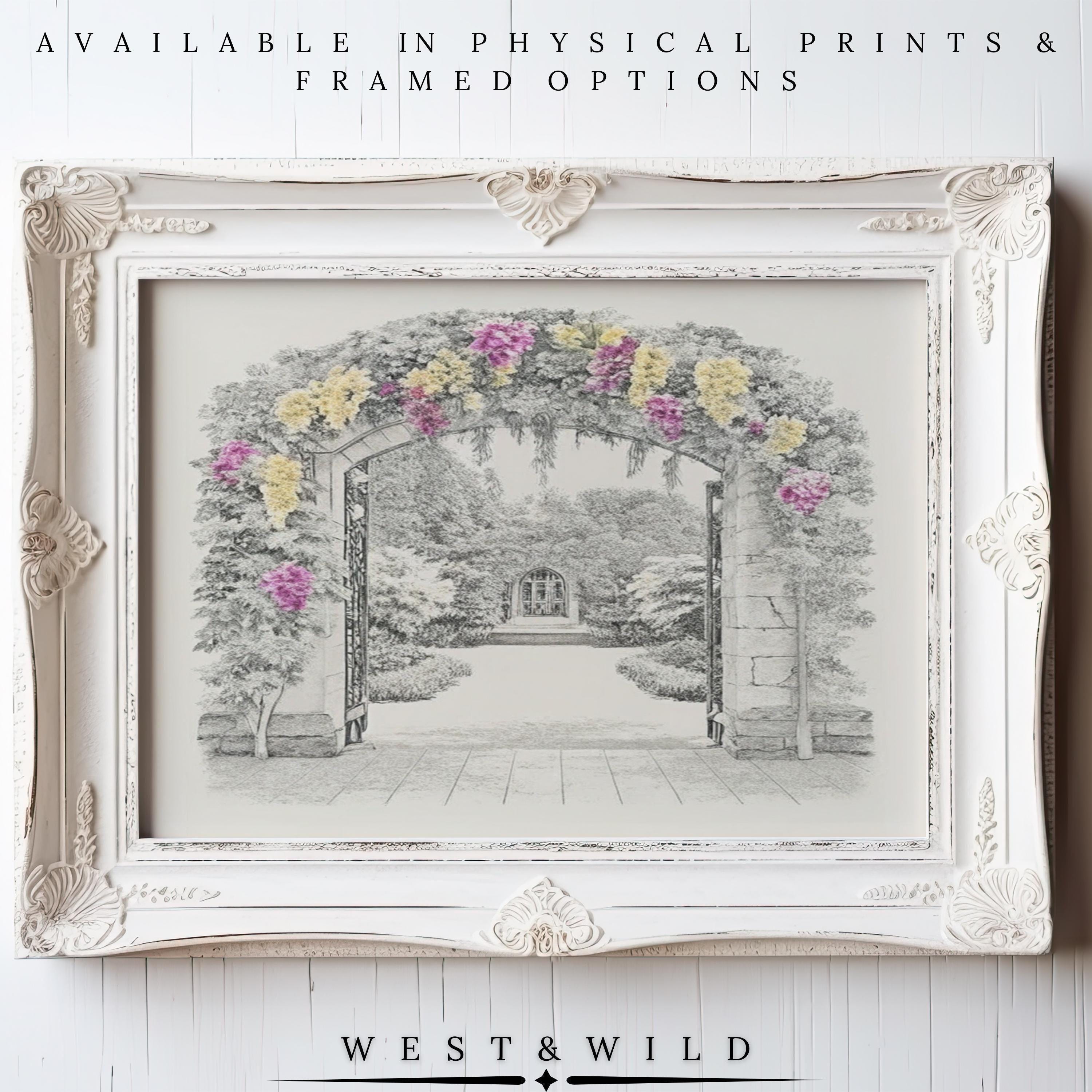 A white frame displays our “Floral Garden Archway Sketch”—a vintage print of an Italian garden path with yellow and pink flowers. Available as art prints or framed art. From the West & Wild Art Archive.