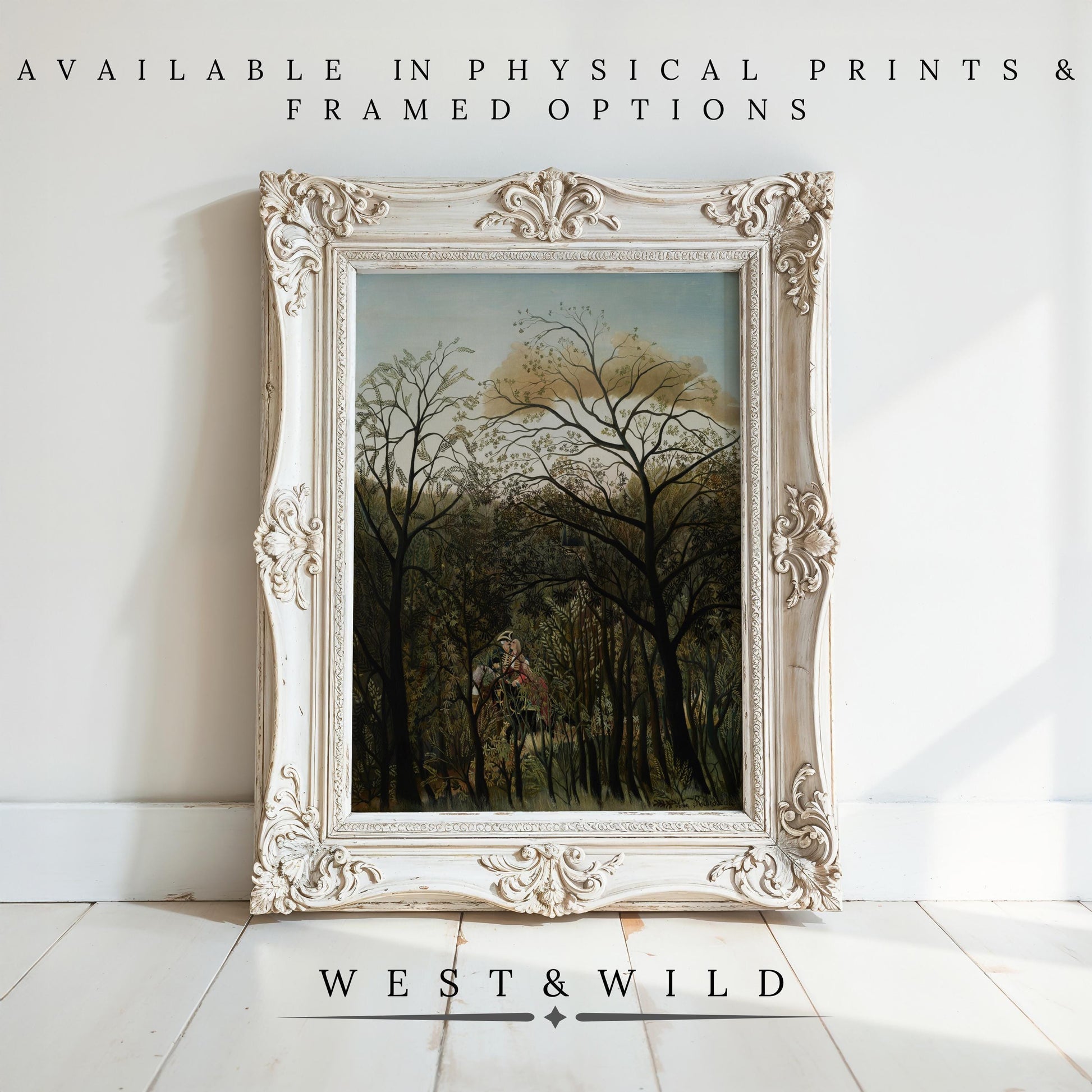 A vintage-style white frame displays the Victorian Painting Prints – Classic Style Artwork | English Countryside Paintings, with text highlighting West & Wild Art Archive print and frame options.
