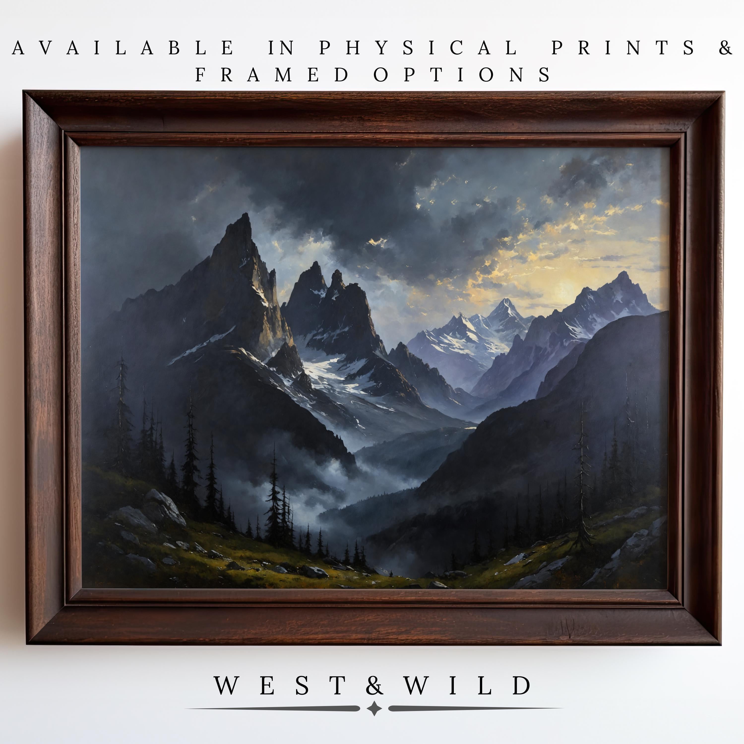 A panoramic painting of dramatic mountain peaks under a cloudy sky, overlooking a misty valley and pines. Mountain Wall Art – Majestic Rocky Prints available as vintage art prints & framed art by West & Wild. Archival quality options.