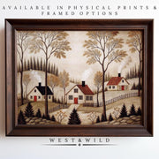 Rustic Folk Art Print – Primitive Village Art With Cozy Country Cottages & Earth Tone Artwork - Vintage Art Prints & Framed Art