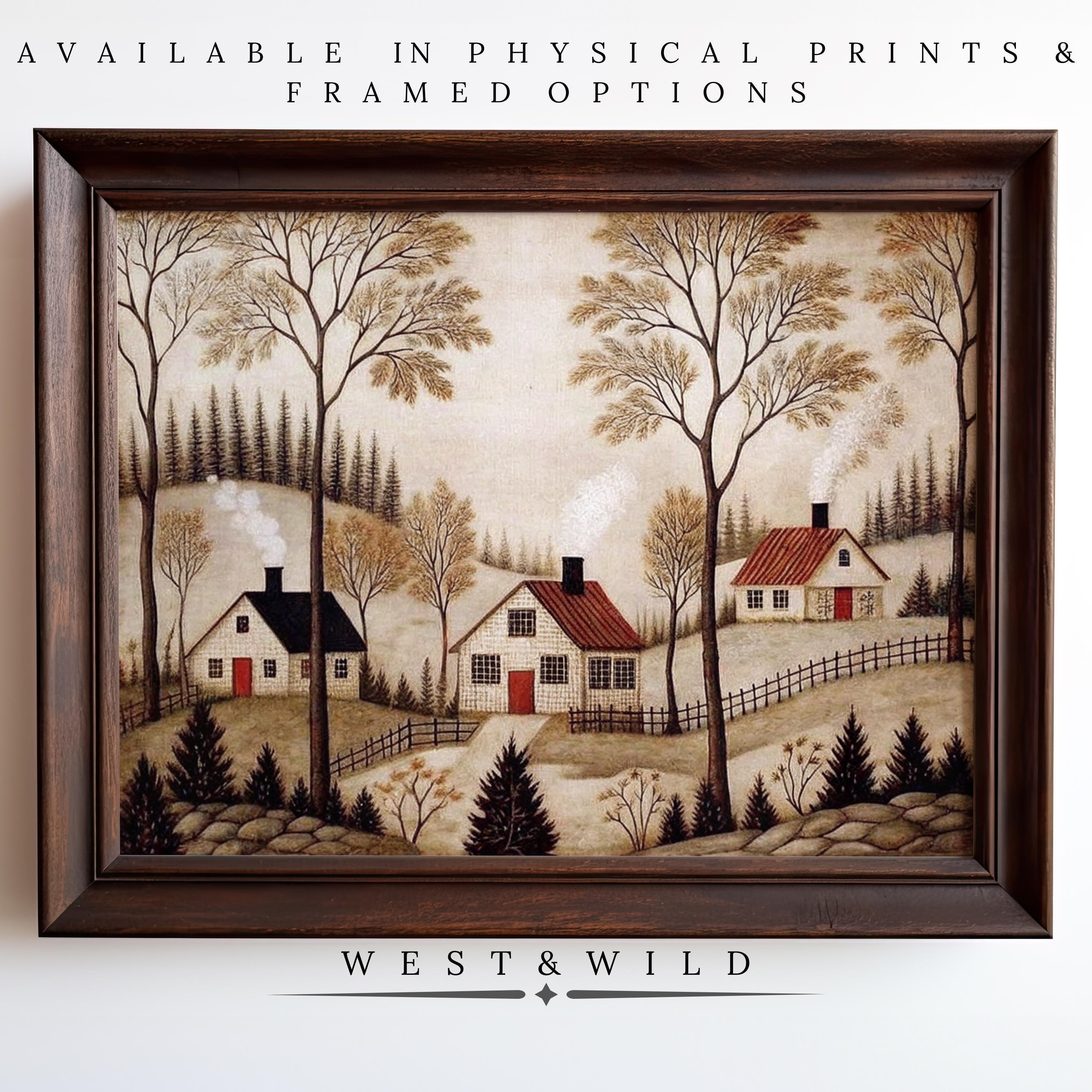 Rustic Folk Art Print – Primitive Village Art With Cozy Country Cottages & Earth Tone Artwork - Vintage Art Prints & Framed Art