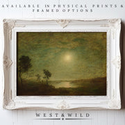 A vintage-style moonlit landscape art print in a white ornate frame. Available as archival-quality prints or framed art. Product: Vintage Style Art Print – Antique Painting Moon Night Landscape Wall Art from West & Wild Art Archive.