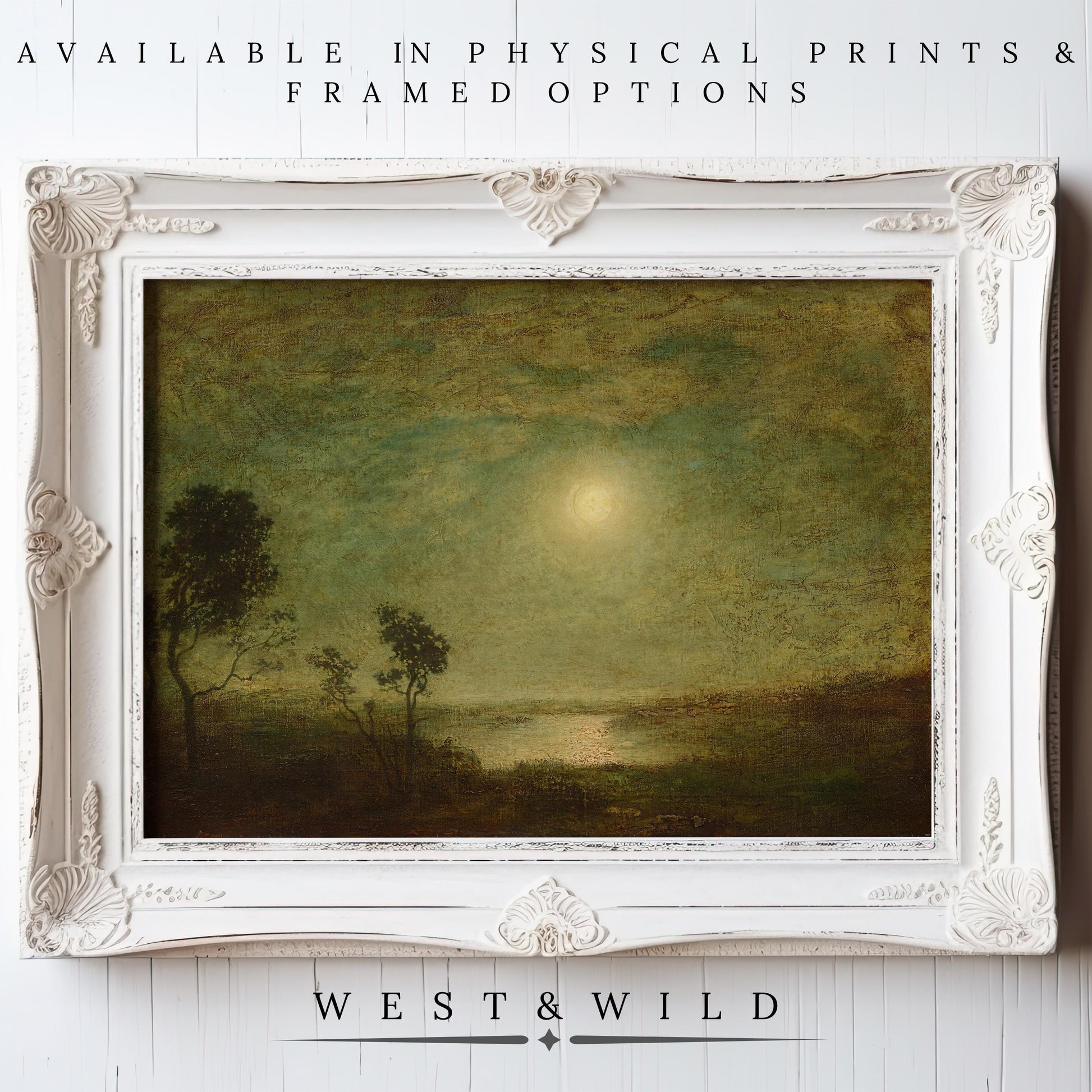 A vintage-style moonlit landscape art print in a white ornate frame. Available as archival-quality prints or framed art. Product: Vintage Style Art Print – Antique Painting Moon Night Landscape Wall Art from West & Wild Art Archive.