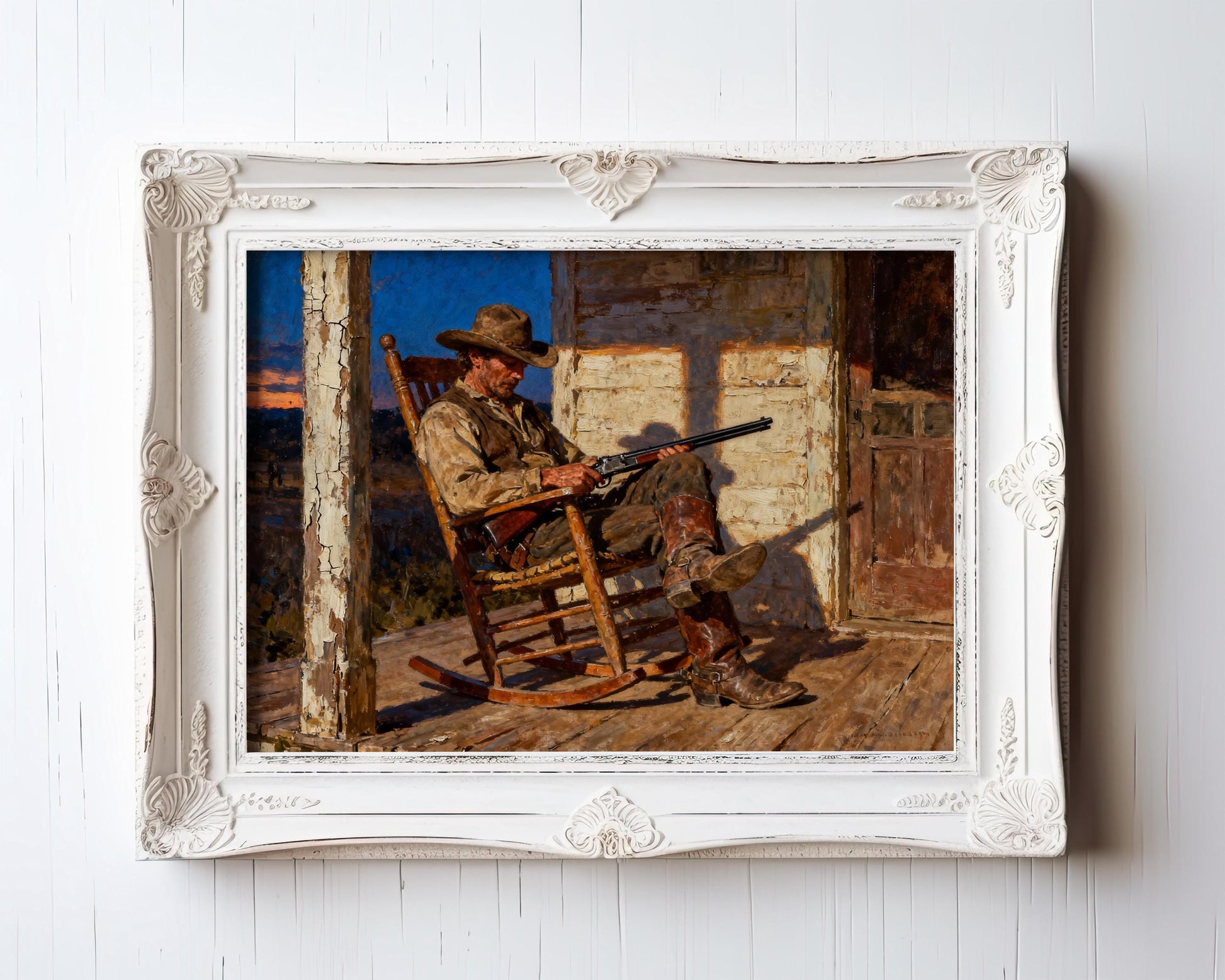 A painting of a man sitting in a rocking chair, holding a rifle, with a wooden porch and a building in the background.