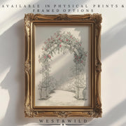 The Vintage Floral Archway Print — Italian Garden Gate Botanical Art features a vintage gold frame, pink flowers, and botanical greenery. Available as physical prints or framed. West & Wild. Sunlight casts soft shadows for added charm.