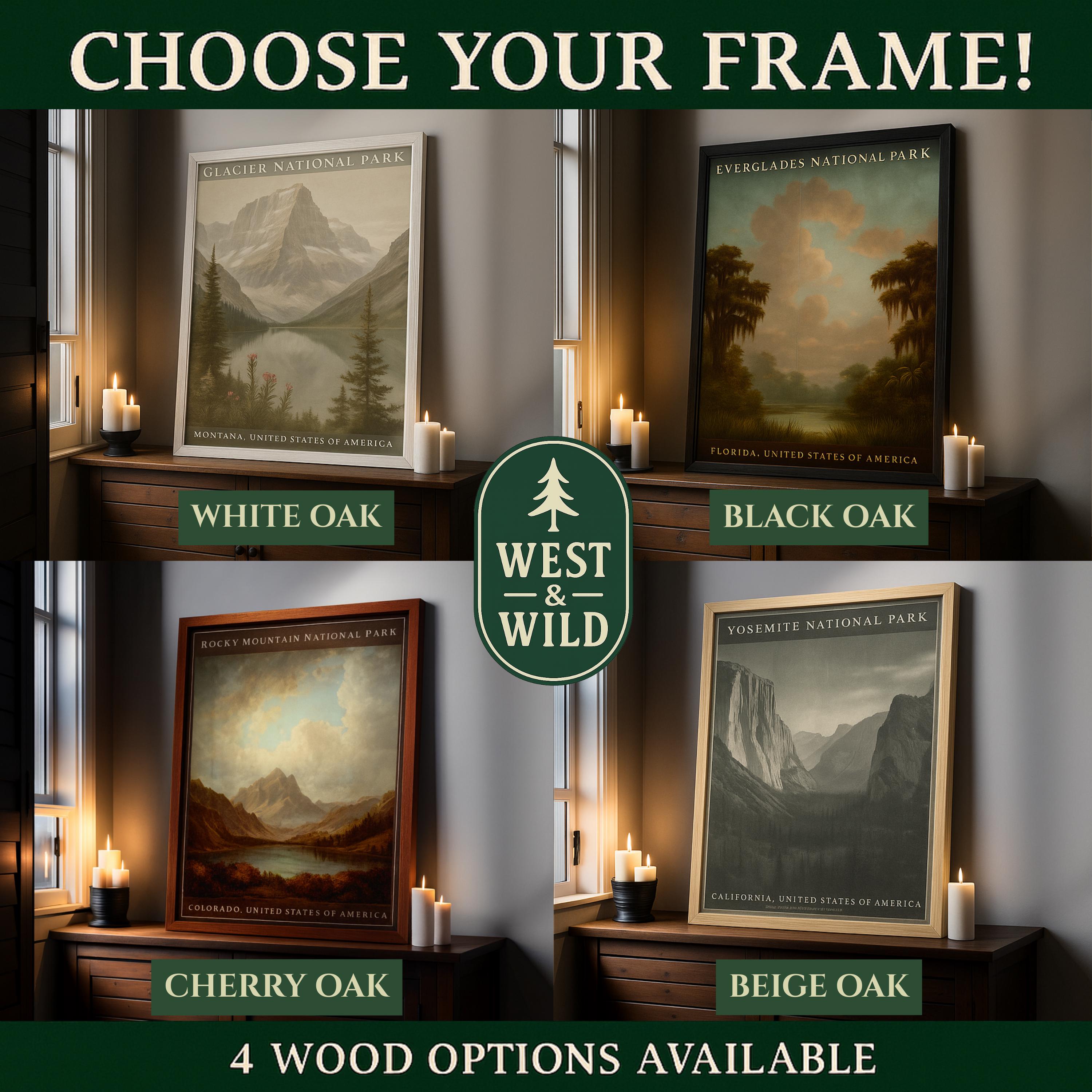 Four solid wood frame finishes: White Oak, Black Oak, Cherry Oak, and Beige Oak. Hand-framed options for all vintage art prints.