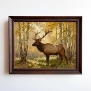 A painting of a brown elk standing in a forest with yellow-leaved trees.