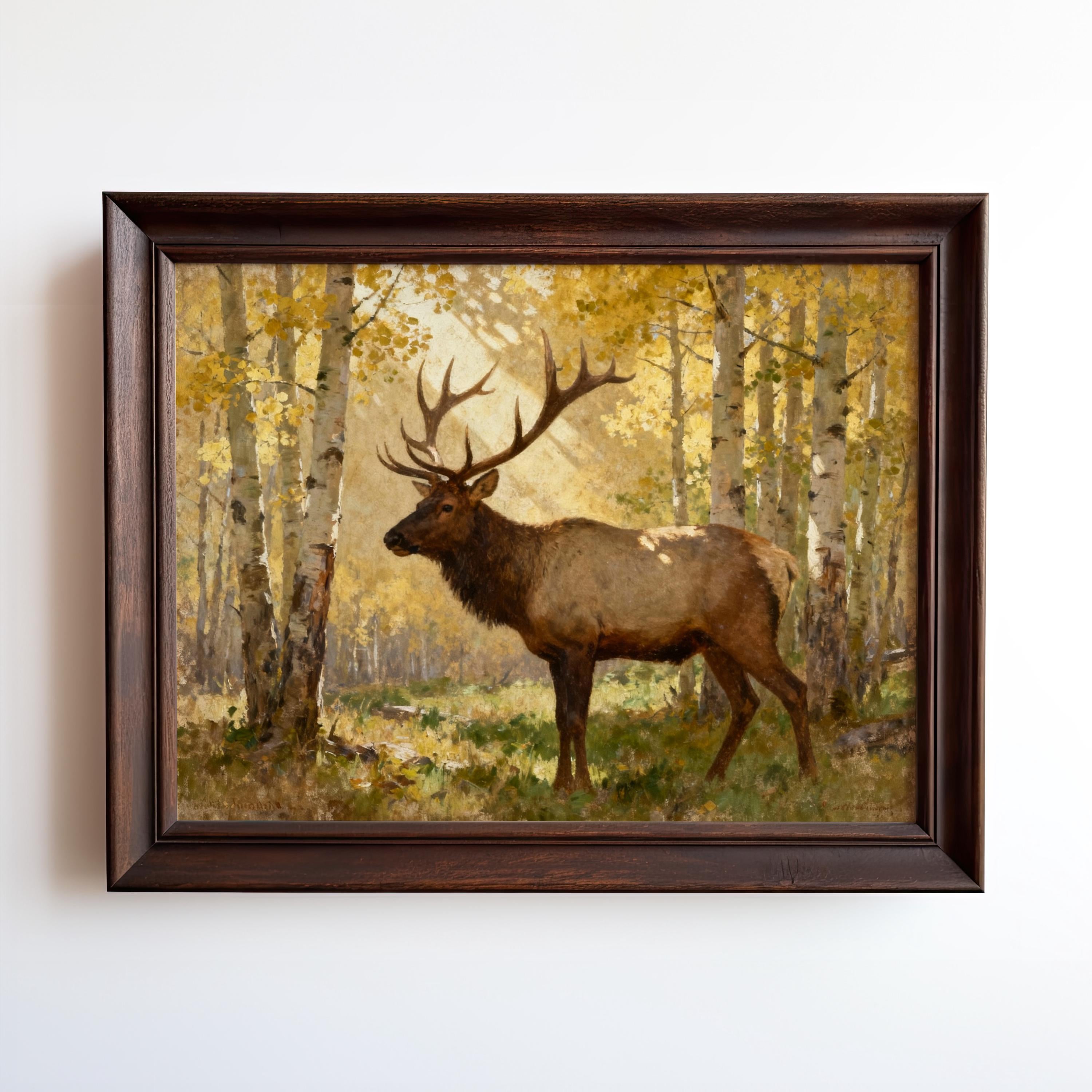 A painting of a brown elk standing in a forest with yellow-leaved trees.