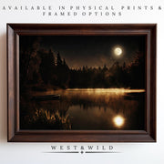 The Moonlit Lake Art Print – Serene Lake Print With Full Moon Artwork showcases a peaceful night scene with moonlit waters, trees, and a boat. Ideal vintage wall decor—available as physical print or framed from West & Wild.