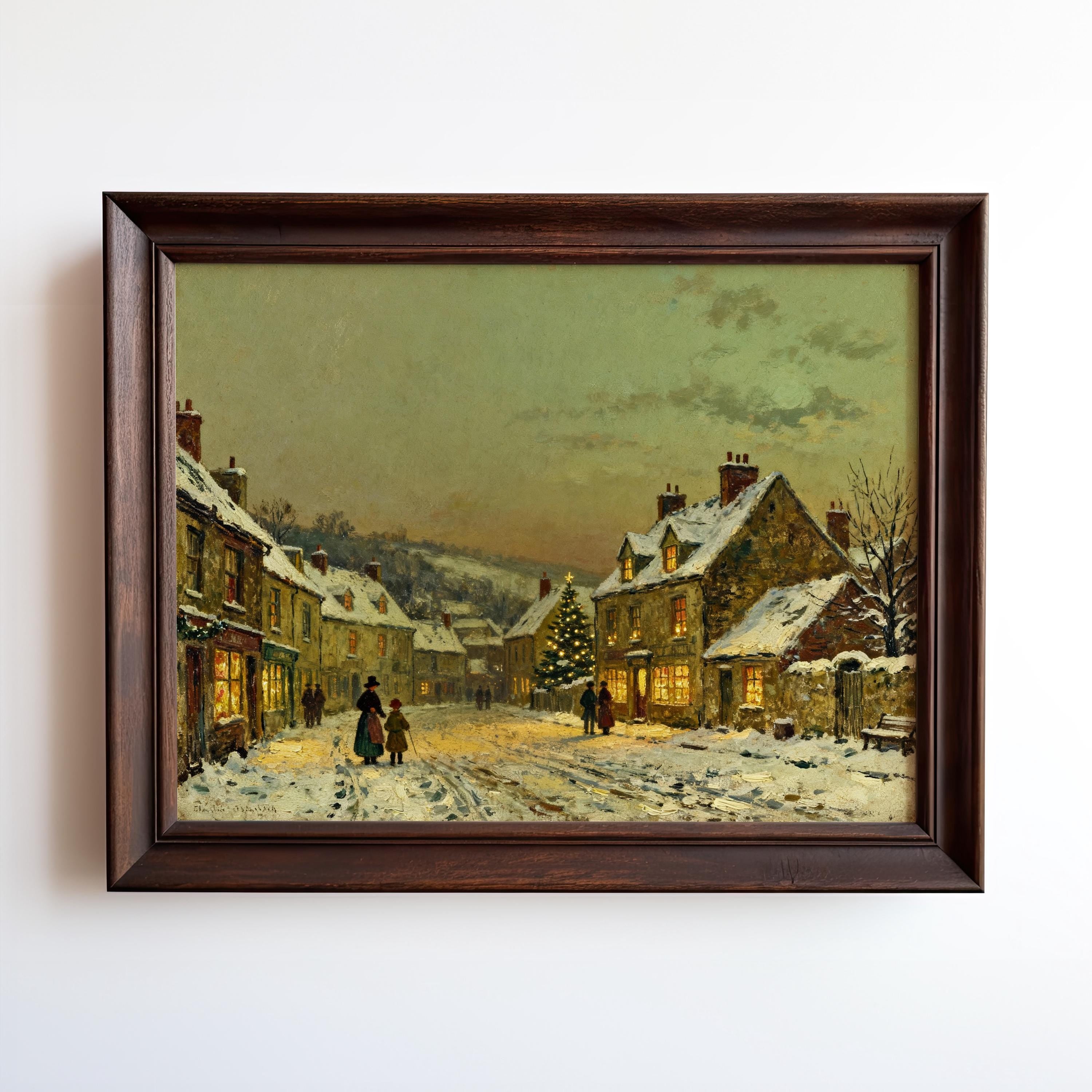 The Christmas Village Art Print is a vintage winter scene featuring a snowy village at dusk with warmly lit houses, people strolling, and a central Christmas tree—a cozy farmhouse holiday decor from Vintage Art Prints & Framed Art.