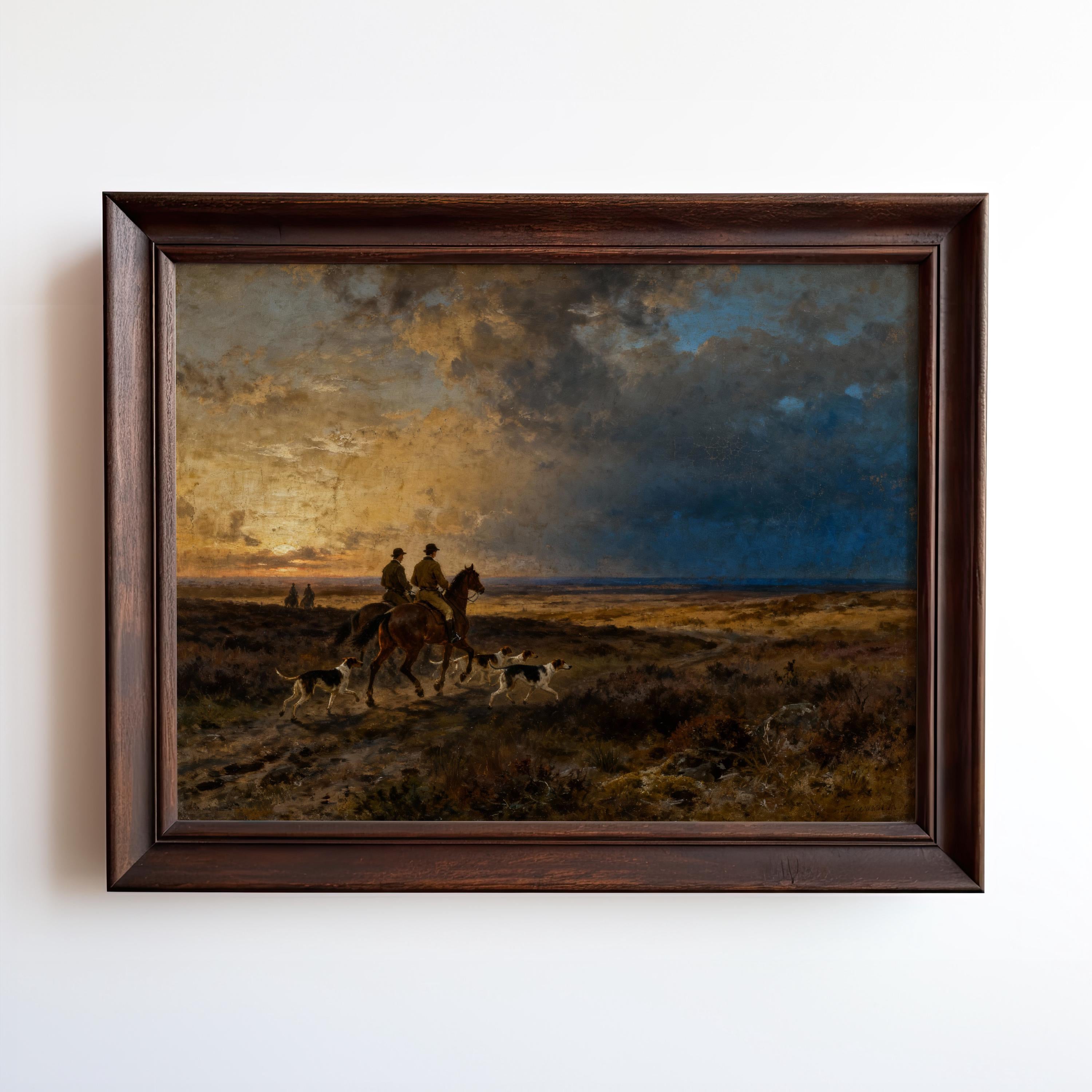two people riding horses in a field, with a dramatic sky in the background.