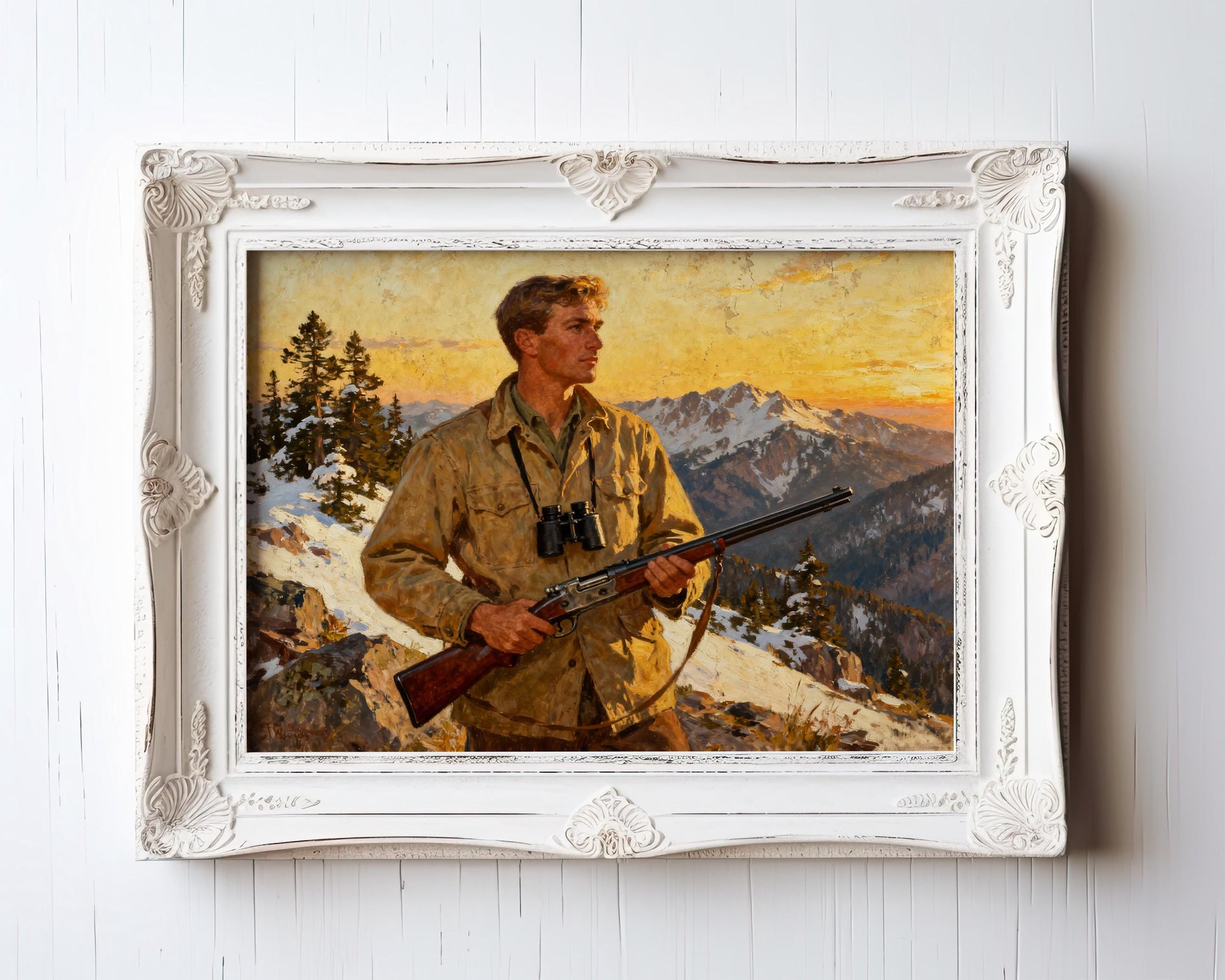 A painting of a man in a tan jacket holding a rifle, standing on a snowy mountain against a backdrop of a sunset.