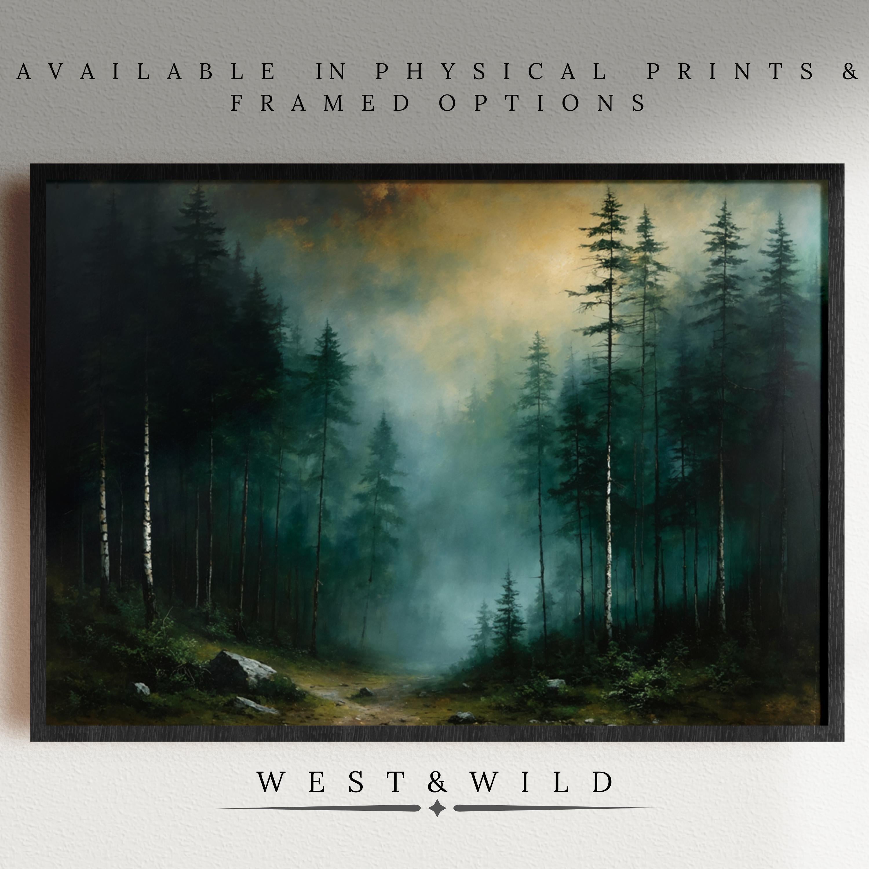 A framed Vintage Forest Art print, featuring tall trees and a misty path, displayed on a wall. Available as physical prints & framed options. Below: West & Wild Art Archive. Product: Classic Forest Artwork – Framed Landscape & Wall Decor.