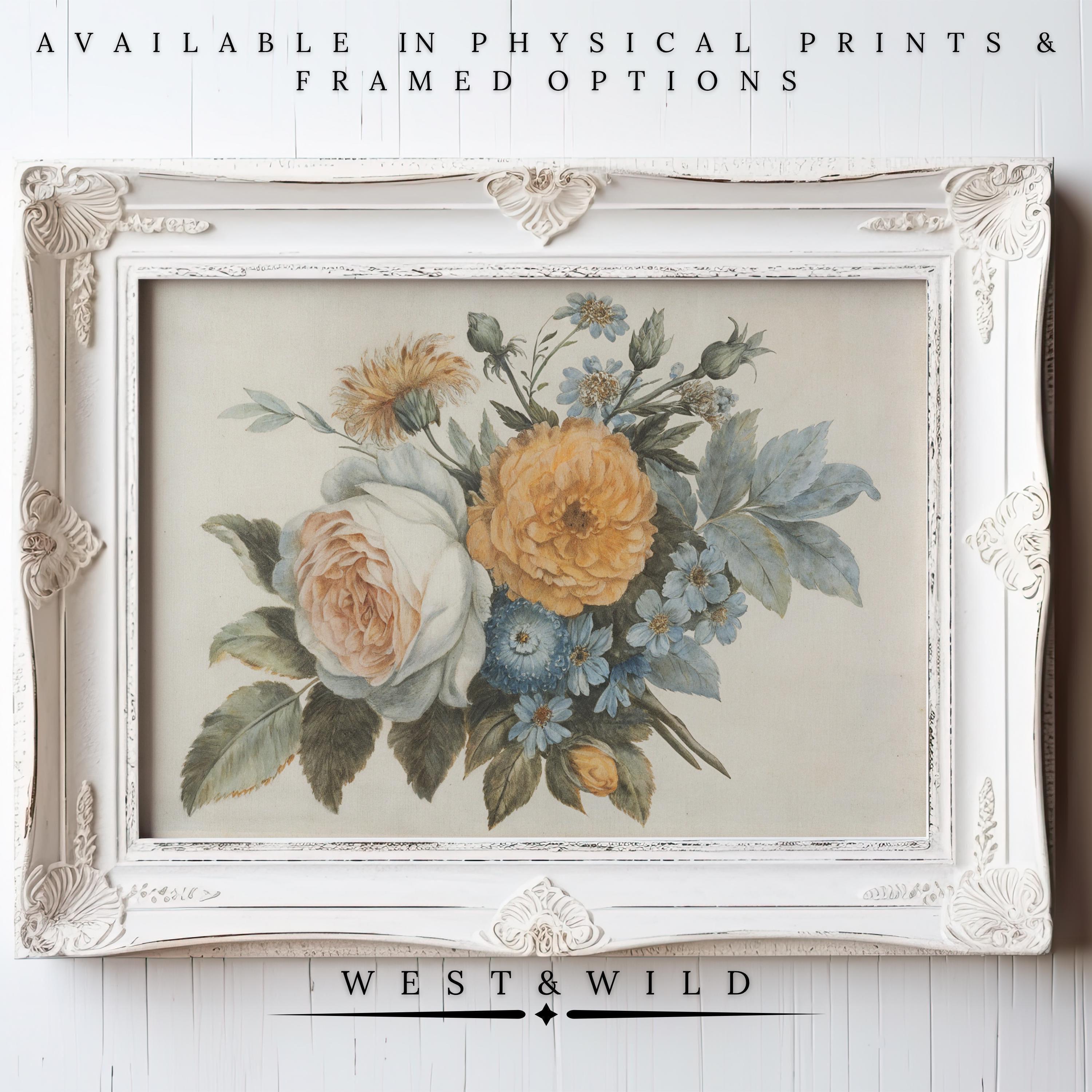 A vintage art print, "Framed Floral Artwork – Elegant Bouquet With Soft Rose & Golden Yellow Blooms," in an ornate white frame. Available as physical prints & framed art. From West & Wild Art Archive.