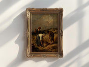 The image is a painting of three people working in a field, with a brown frame surrounding the artwork.