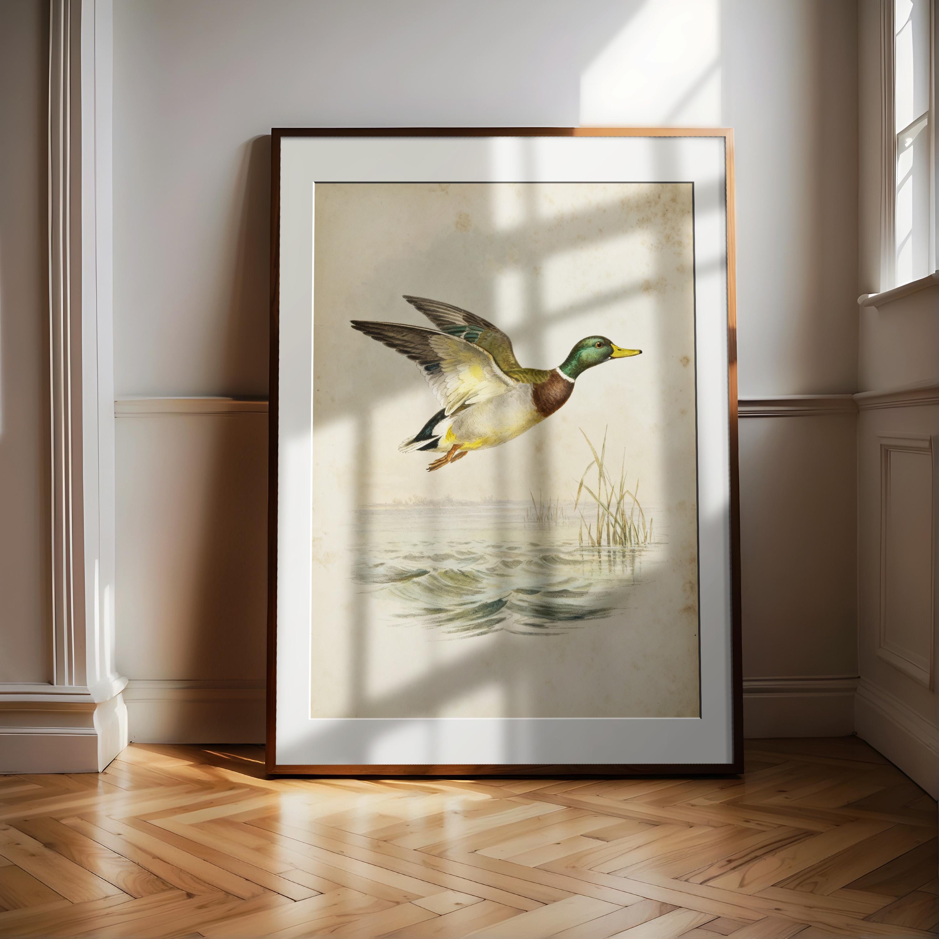A framed painting of a duck in mid-flight, with a serene body of water and reeds in the background, is displayed on a wooden floor in a room with white walls.