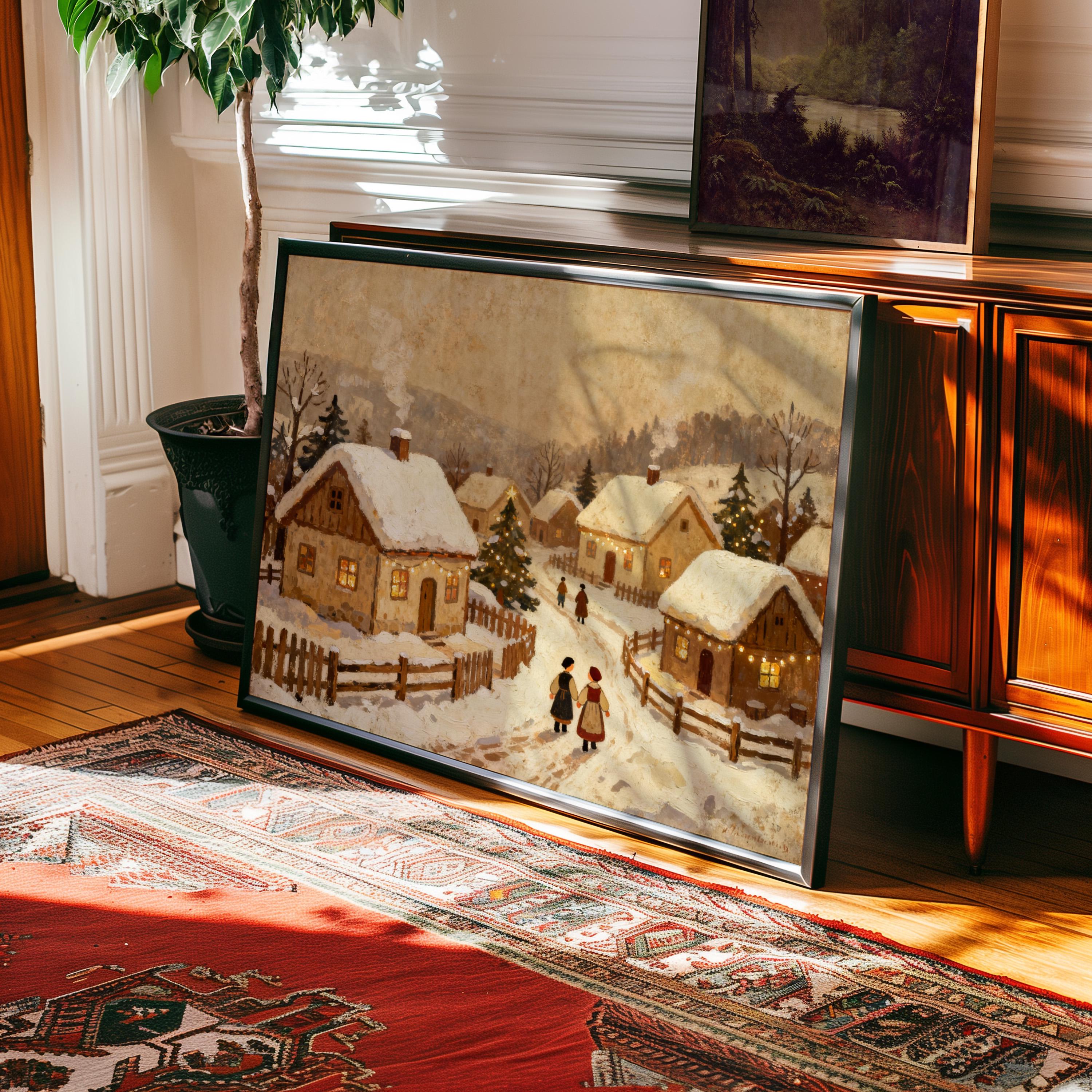 A Vintage Holiday Wall Art – Snowy Village Christmas Print on matte paper with frame options is propped against a wooden cabinet in a sunlit room with a red patterned rug and potted plant.