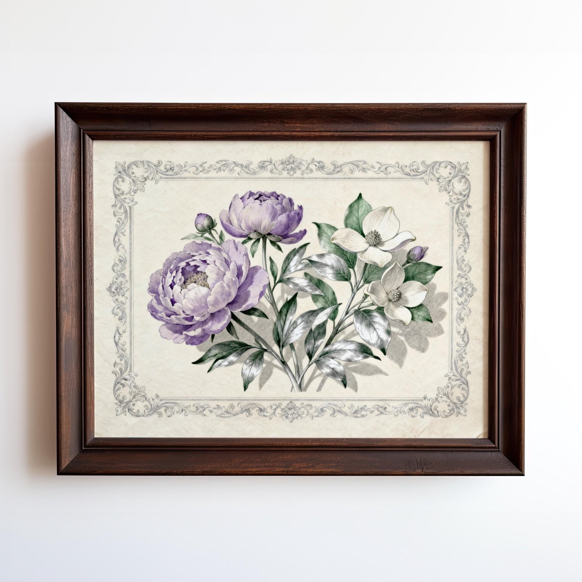 The image is a framed print featuring a floral arrangement with two large purple peonies and a smaller white flower.