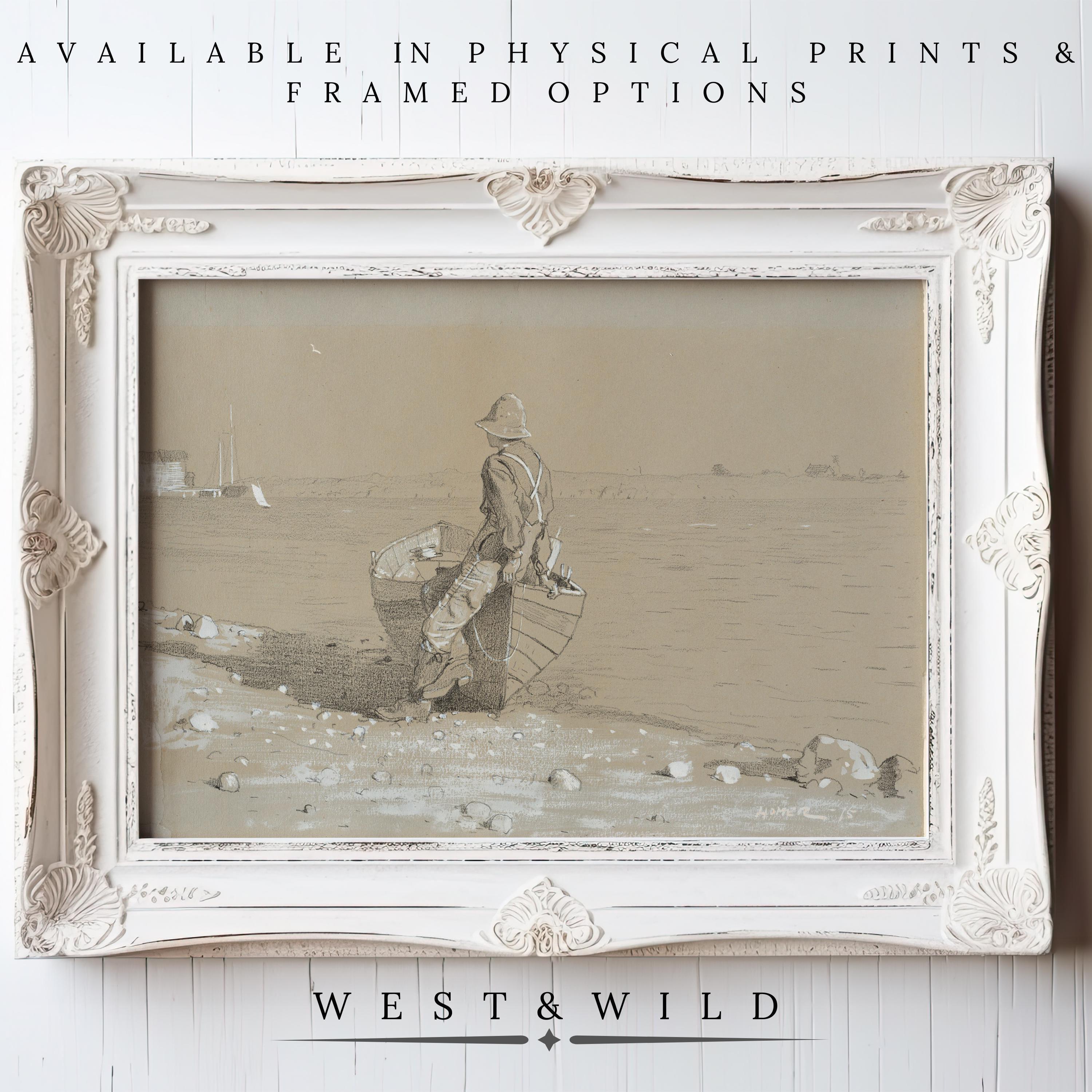 The Fisherman Wall Art – Vintage Fishing Artwork features a fisherman pulling a boat ashore in a white ornate frame. Available as Vintage Art Prints & Framed Art. Bottom text: “WEST & WILD ART ARCHIVE.”.