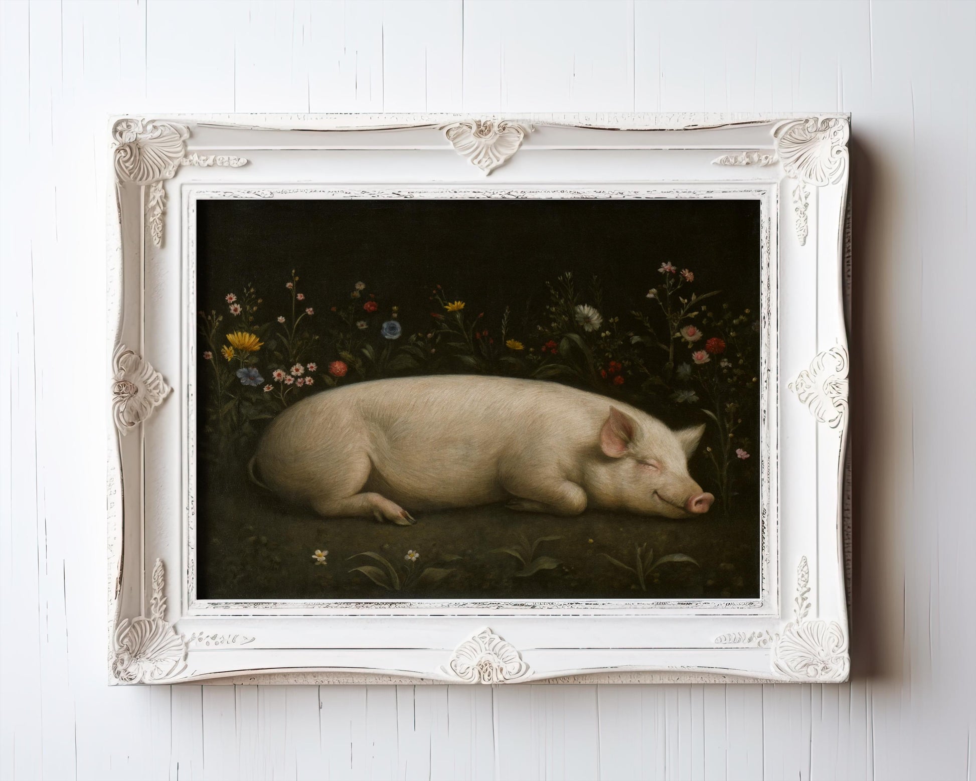 A Vintage Farm Animal Print – Smiling Piglet Flower Garden Rustic Kitchen Art hangs on a white wall in a decorative white frame, archival quality from the West & Wild Art Archive.