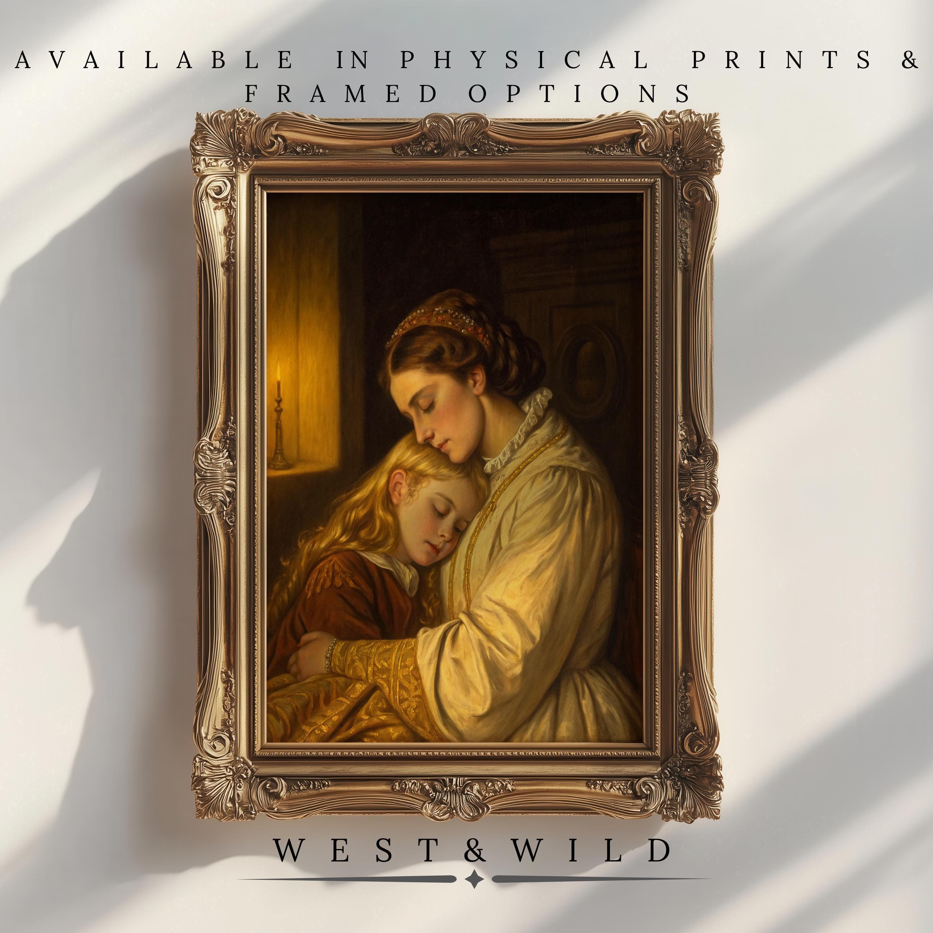 A framed print of "Mother Daughter Art – Victorian Mom Artwork" features a vintage scene of a woman embracing a sleeping child, displayed on a white wall. Available as physical prints & framed art by West & Wild Art Archive. Ideal Mother’s Day gift.