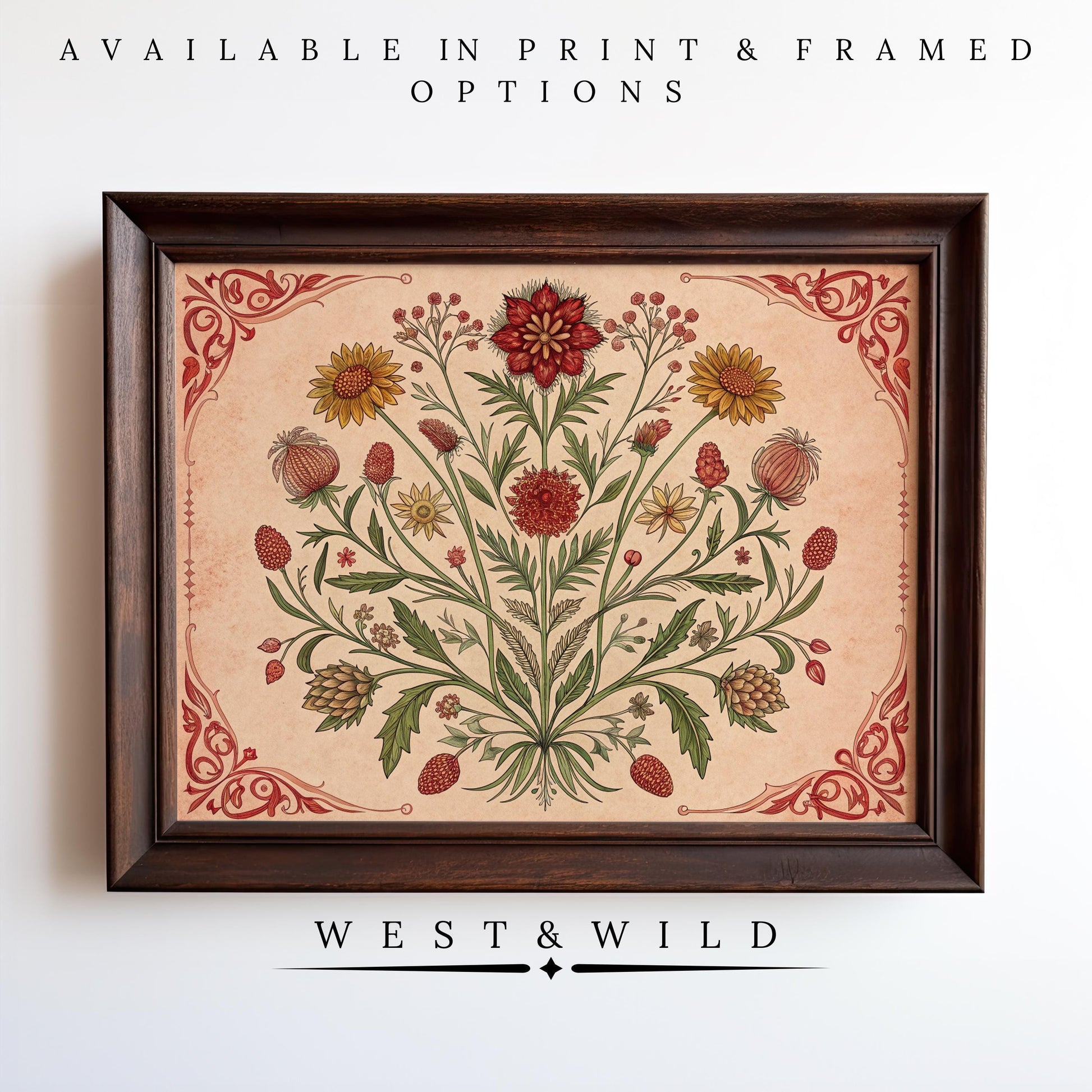 Vintage Botanical Wall Art – Framed Botanical Wall Art featuring a symmetrical floral design in red, yellow, and green. Decorative red borders frame the print. Available in print & framed options—perfect for vintage or farmhouse decor.