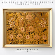 A framed Gold Floral Wall Art with cream amber flowers and an ornate gold frame is displayed. Above, text reads AVAILABLE IN PHYSICAL PRINTS & FRAMED OPTIONS; below, the centered brand name WEST&WILD marks this vintage art print.
